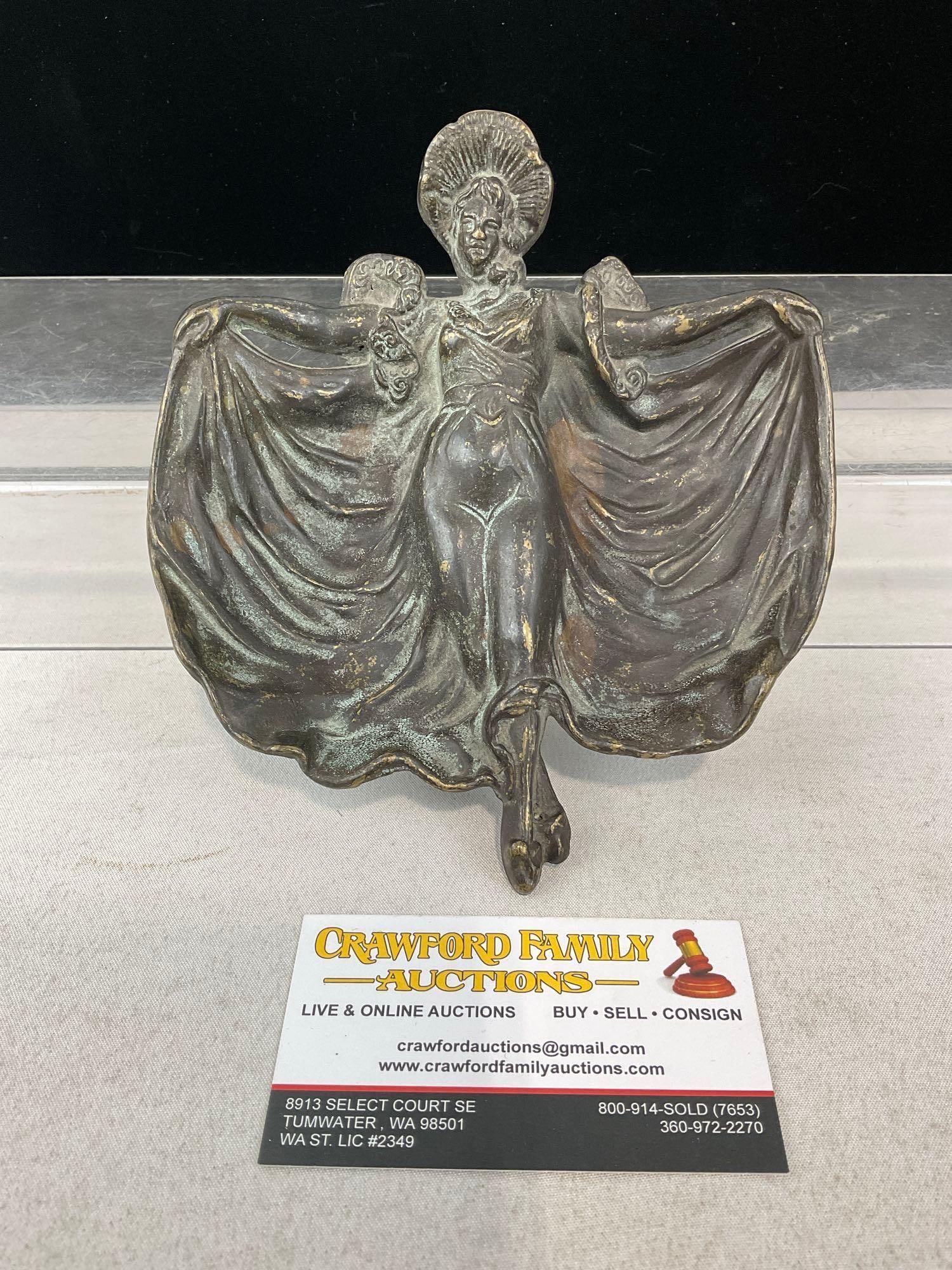 Art Nouveau style Bronze Pin Dish, Dancing Lady w/outstretched dress, 7x7 inches