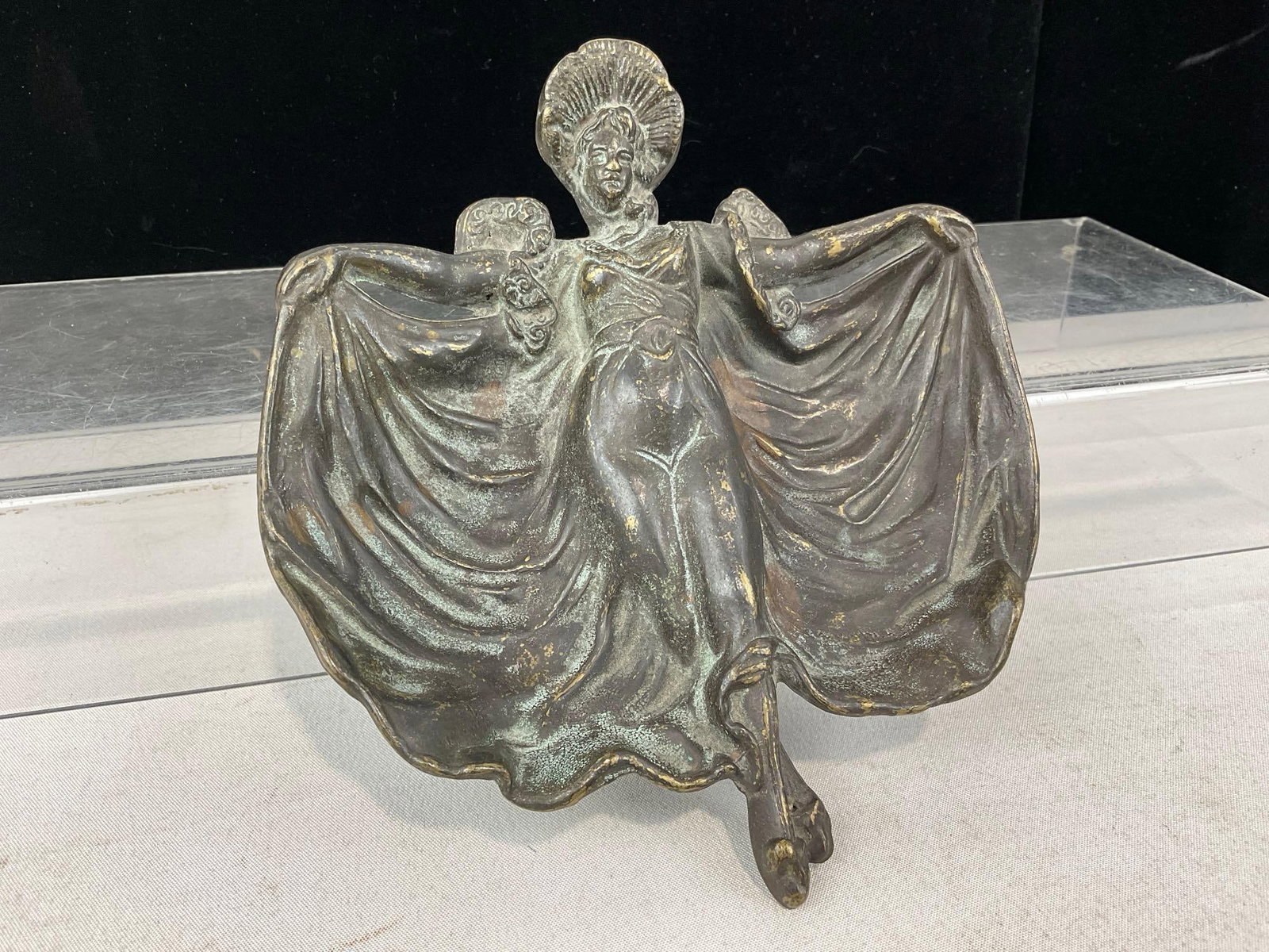 Art Nouveau style Bronze Pin Dish, Dancing Lady w/outstretched dress, 7x7 inches - 2