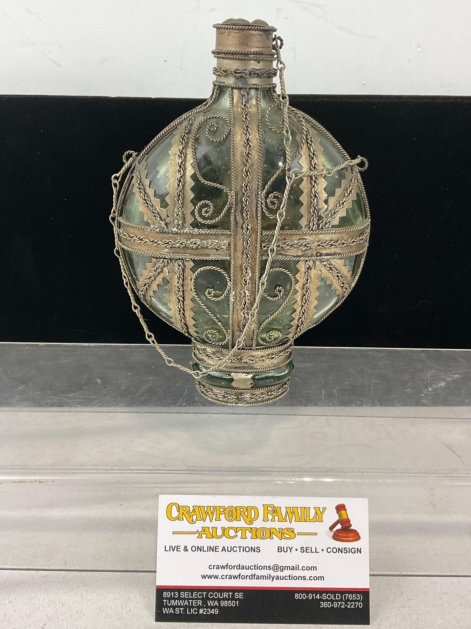 Vintage/Antique Metal Filigree Banded Green Glass Bottle, w/Lid, & Chain, 8x6 inches