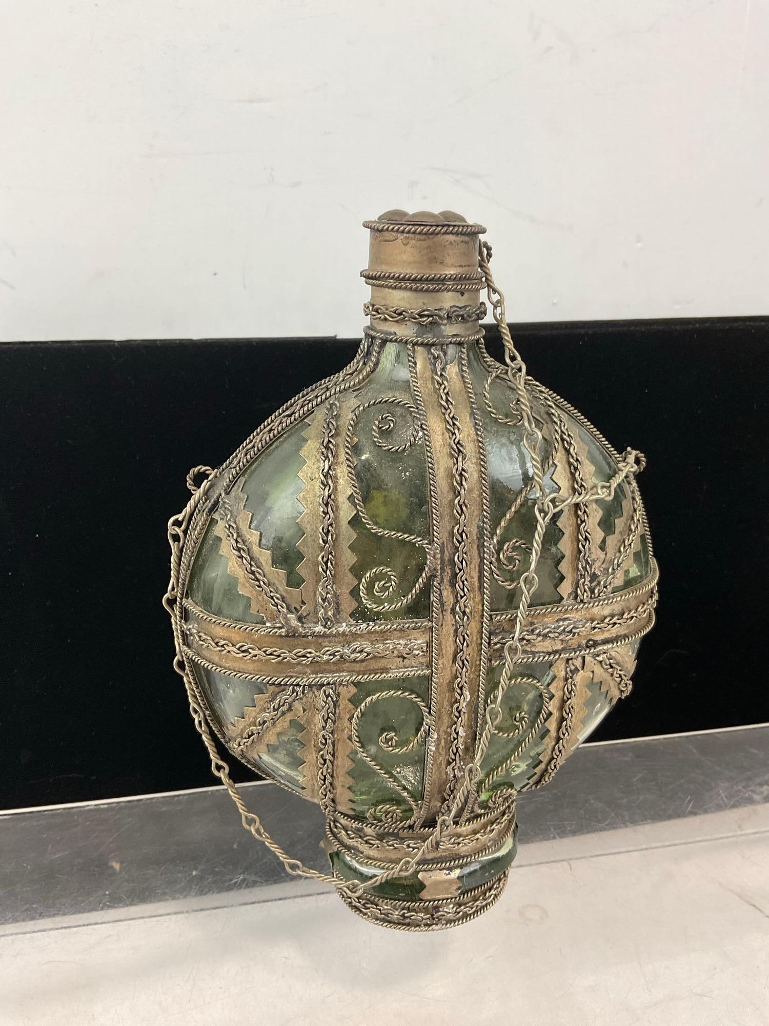 Vintage/Antique Metal Filigree Banded Green Glass Bottle, w/Lid, & Chain, 8x6 inches - 2