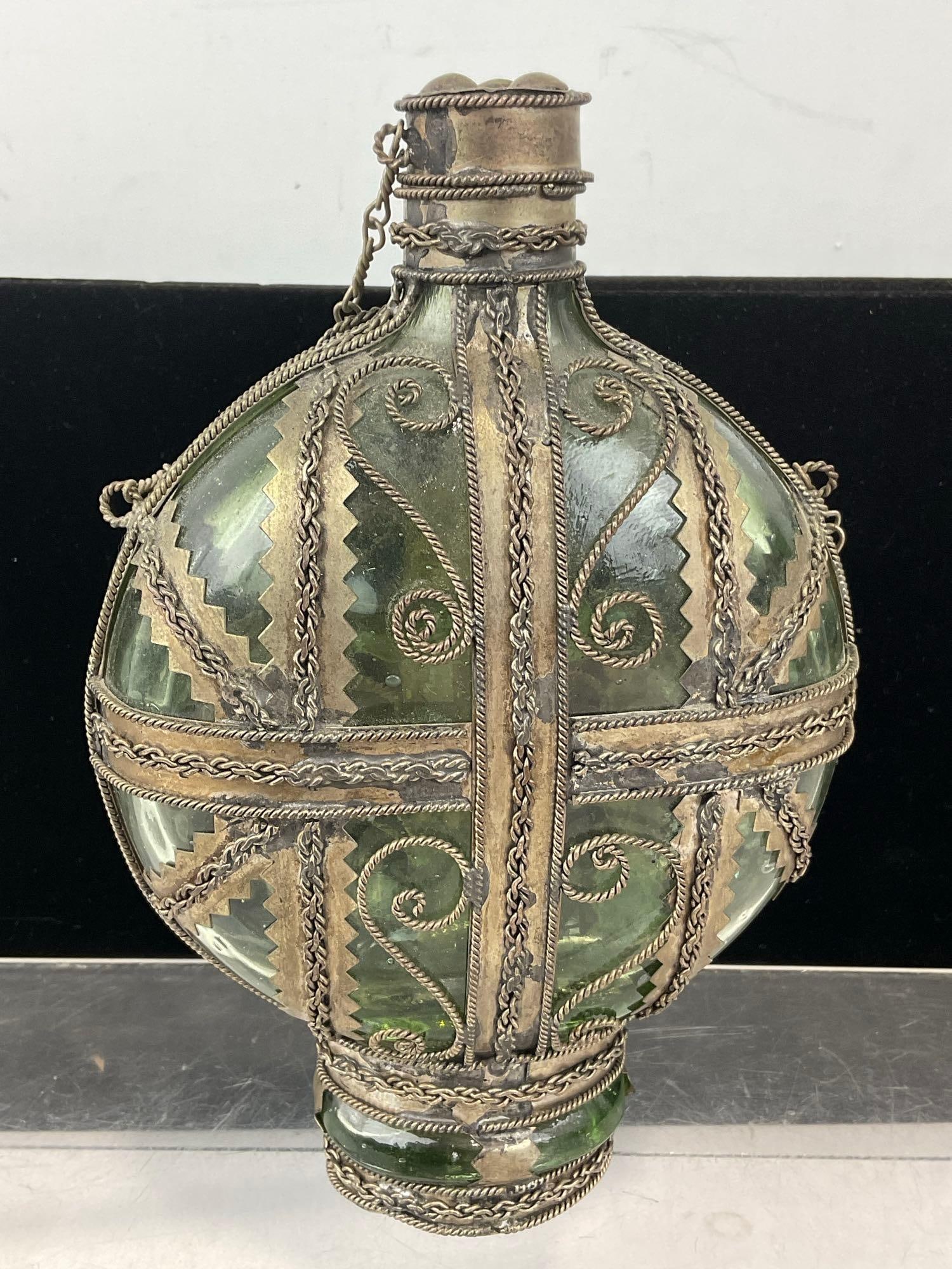 Vintage/Antique Metal Filigree Banded Green Glass Bottle, w/Lid, & Chain, 8x6 inches - 3
