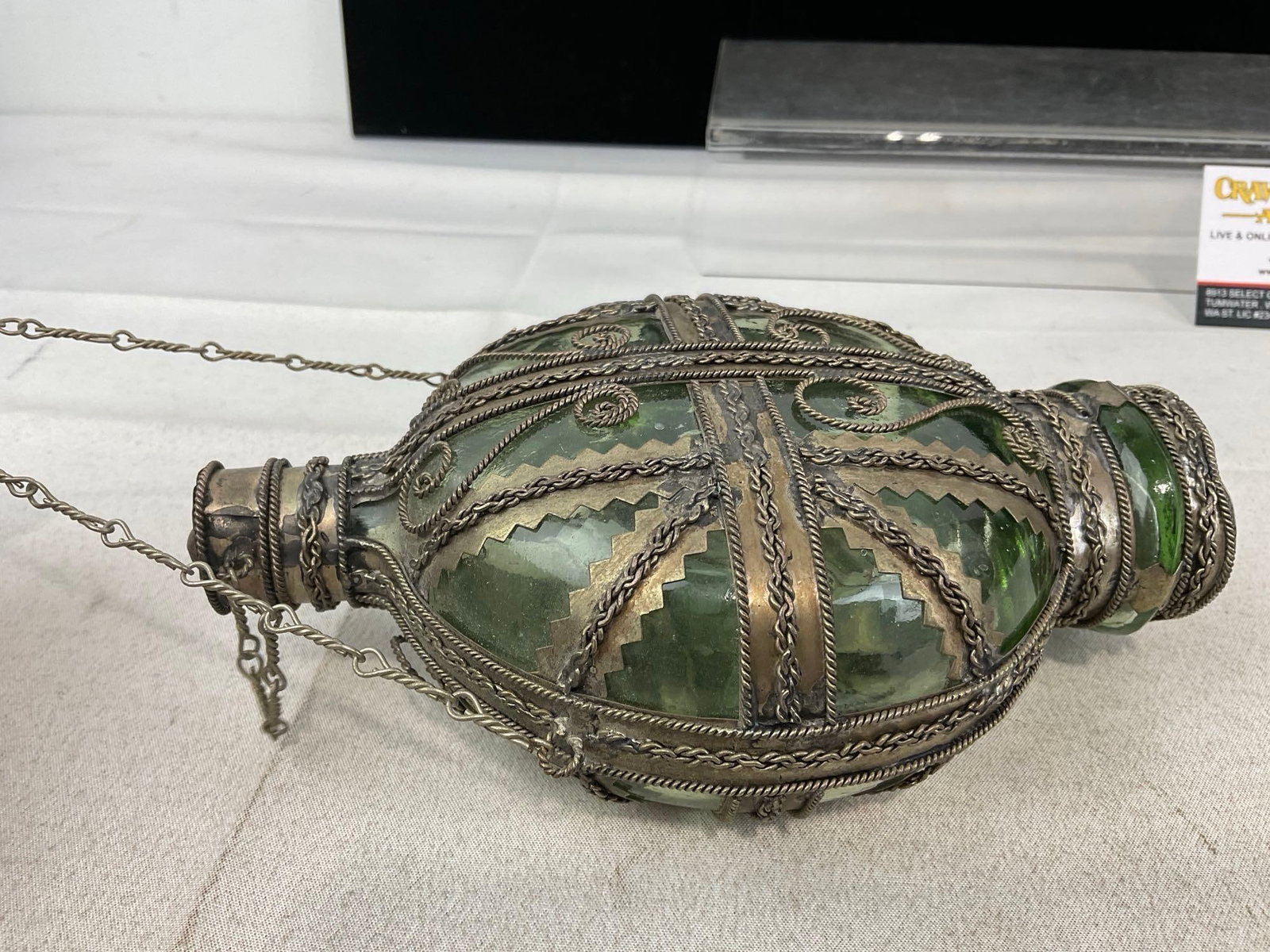 Vintage/Antique Metal Filigree Banded Green Glass Bottle, w/Lid, & Chain, 8x6 inches - 4