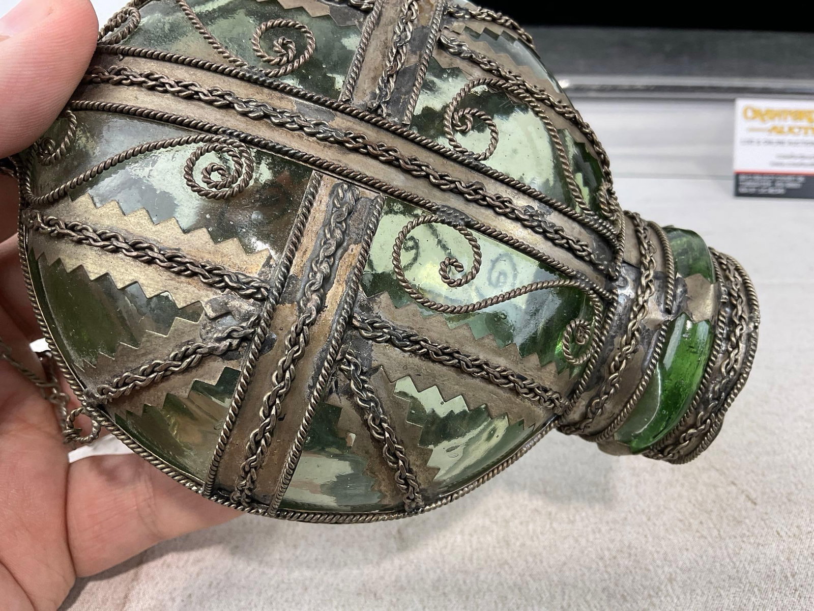 Vintage/Antique Metal Filigree Banded Green Glass Bottle, w/Lid, & Chain, 8x6 inches - 5