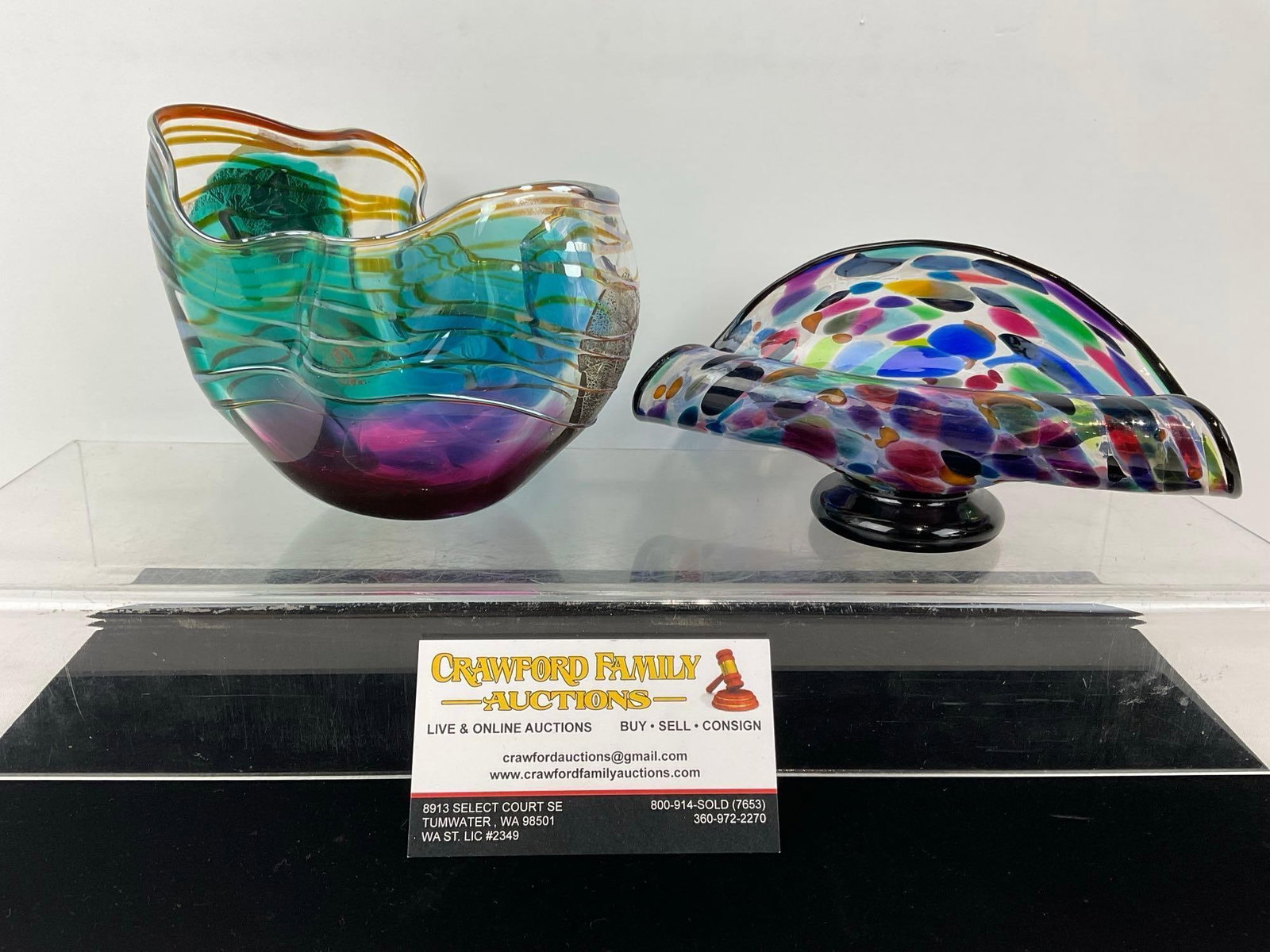 Pair of Studio Art Glass Pieces, Hand Blown, Multicolored Handkerchief Vases: Left marked: Scott & Laura Curry 1994, Right marked: Dehanna Jones 2007. Appears to be in good shape. The pieces together measures approx 6h x 8w x 6d inches. See pics. E-6290