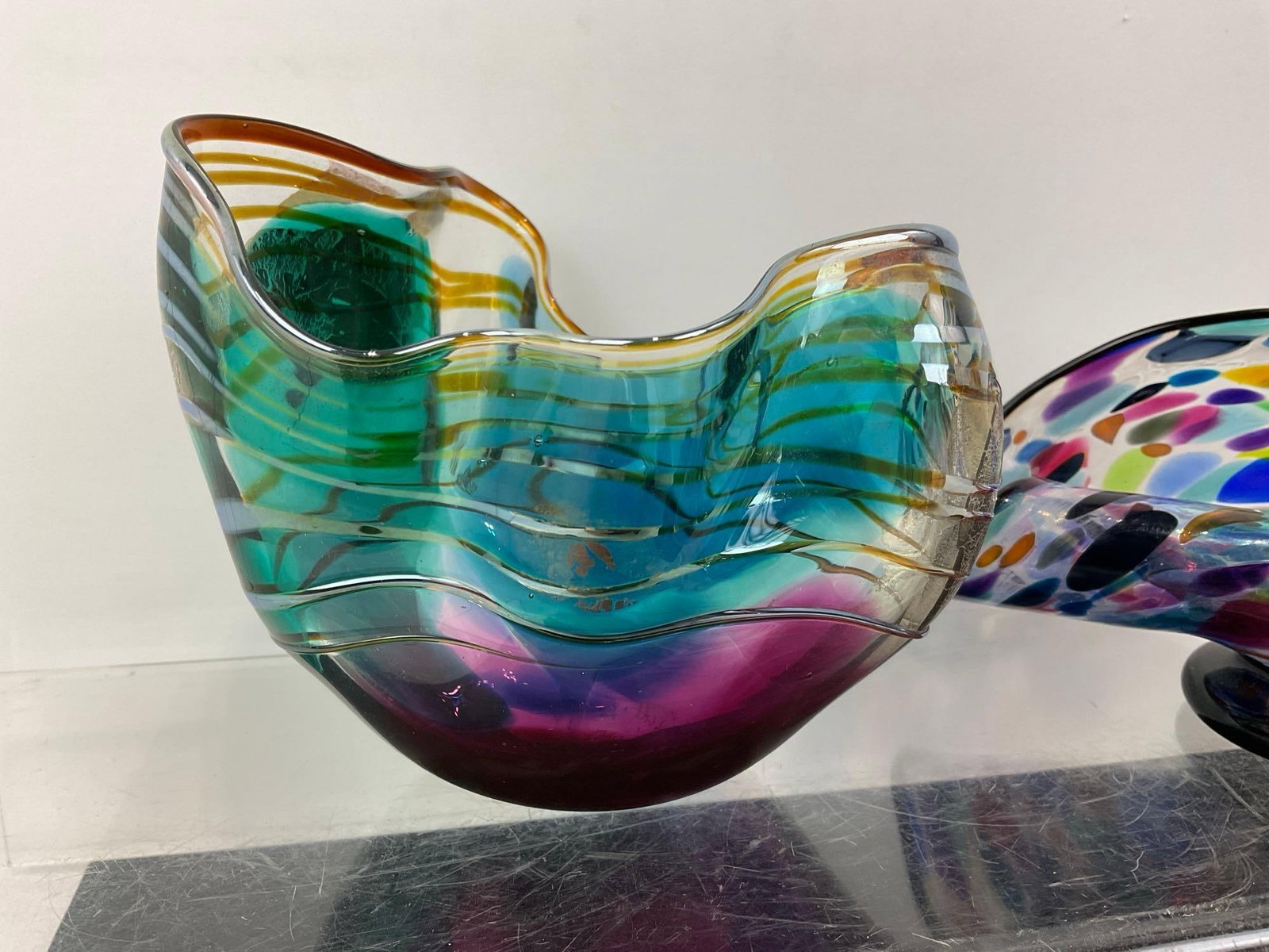 Pair of Studio Art Glass Pieces, Hand Blown, Multicolored Handkerchief Vases - 2