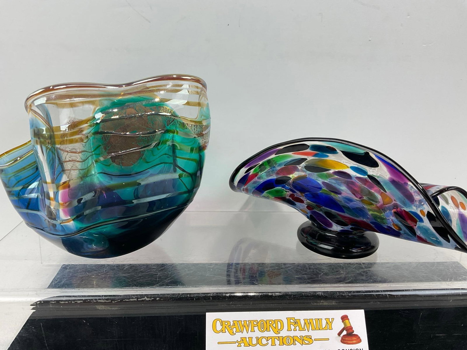 Pair of Studio Art Glass Pieces, Hand Blown, Multicolored Handkerchief Vases - 4