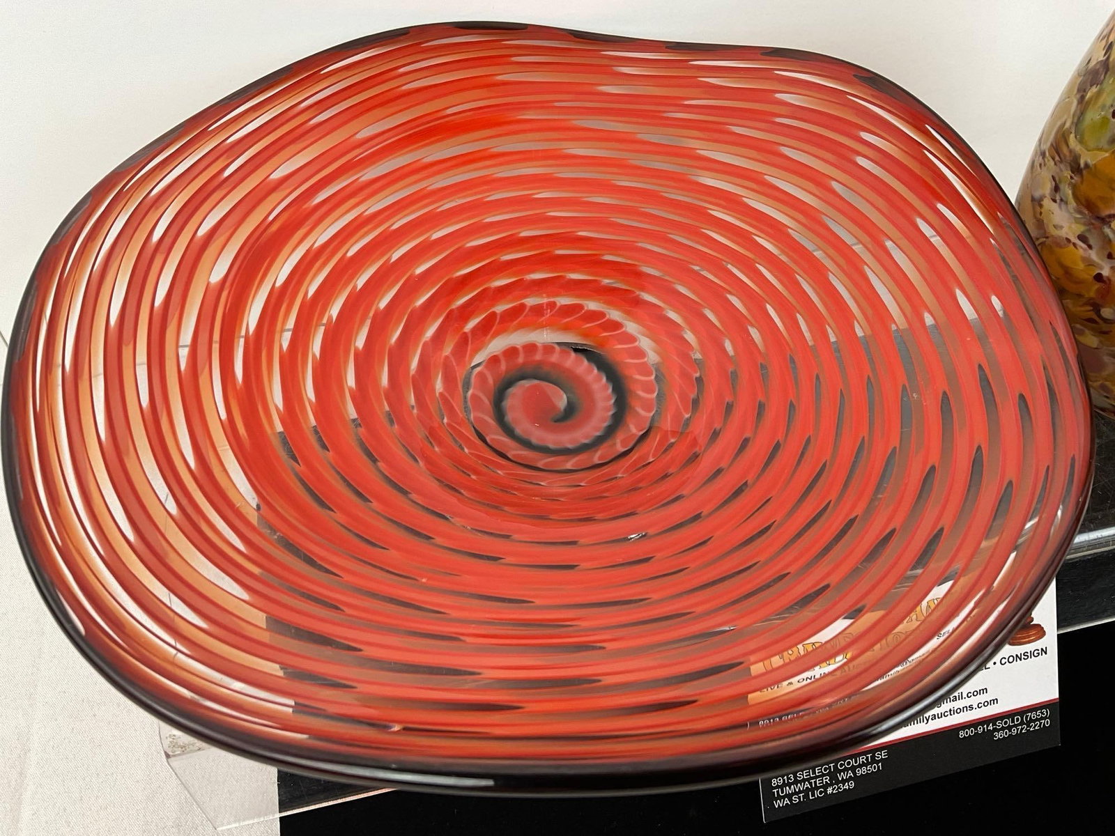 Pair of Lovely Studio Art Glass Pieces, Orange Spiral Pedestal Vase & Yellow/Brown Vase - 2