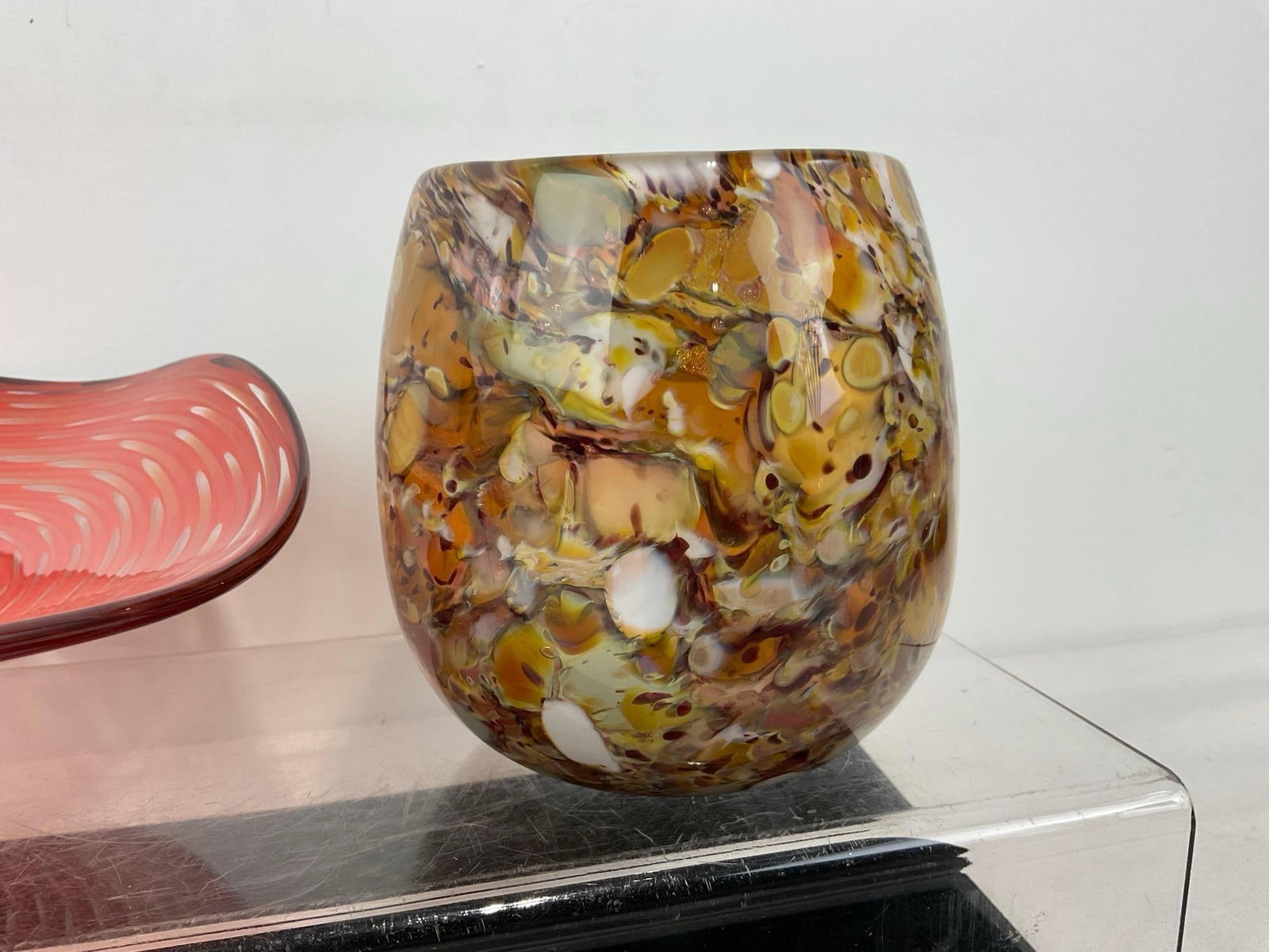 Pair of Lovely Studio Art Glass Pieces, Orange Spiral Pedestal Vase & Yellow/Brown Vase - 3
