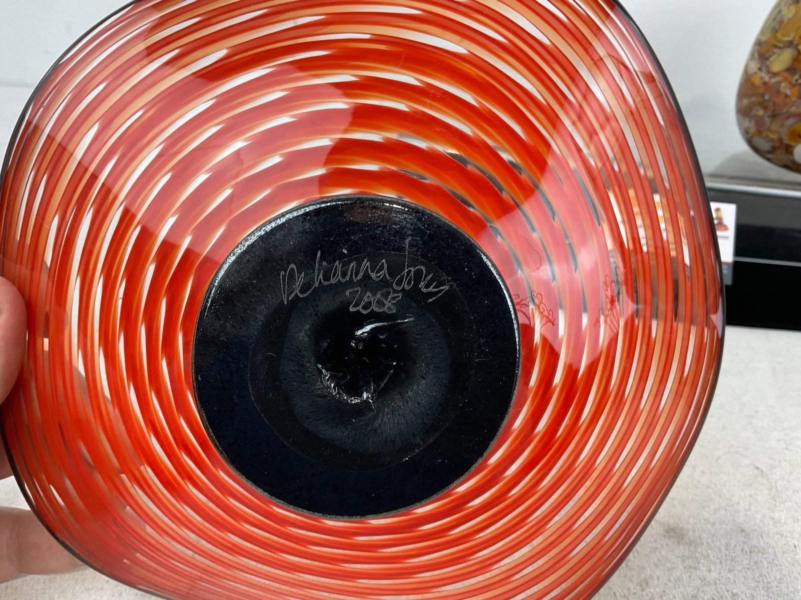Pair of Lovely Studio Art Glass Pieces, Orange Spiral Pedestal Vase & Yellow/Brown Vase - 4