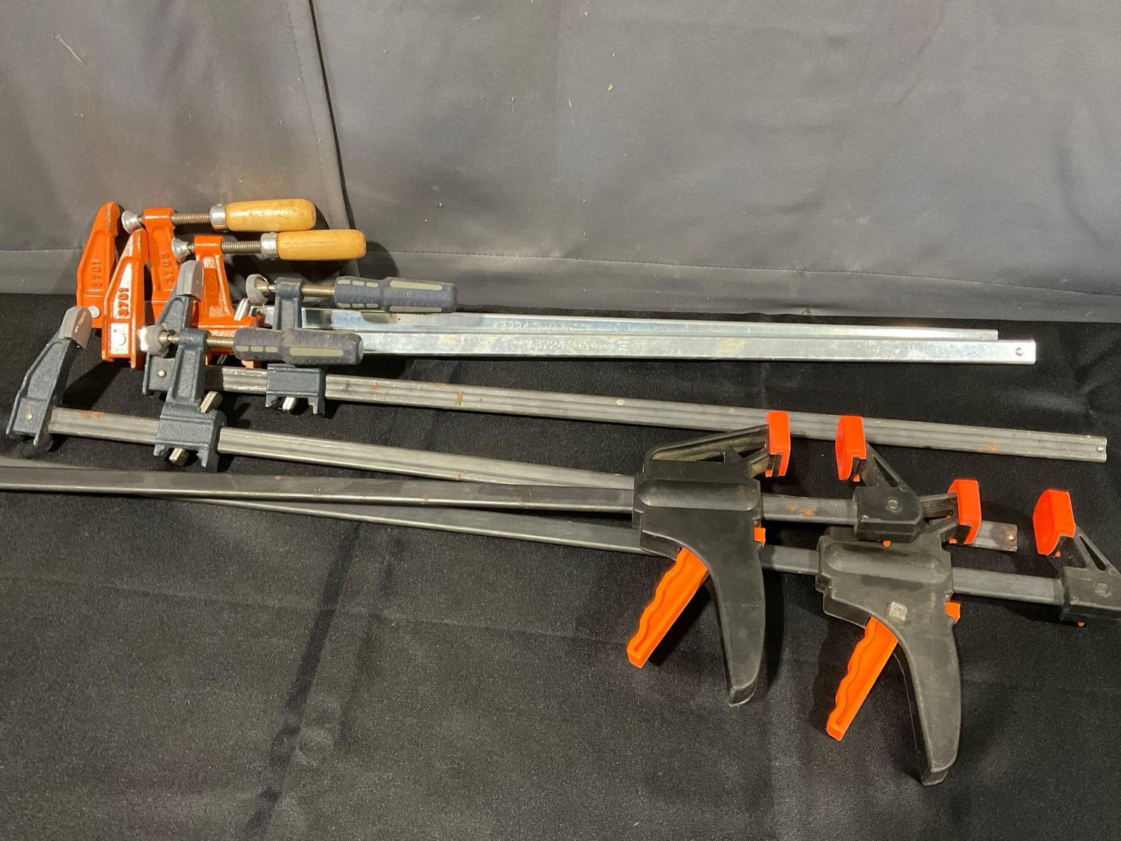 Set of 6 Large Clamps, 2 Jorgenson, 2 other cast iron clamps, & 2 Central Force Ratchet Bar Clamp
