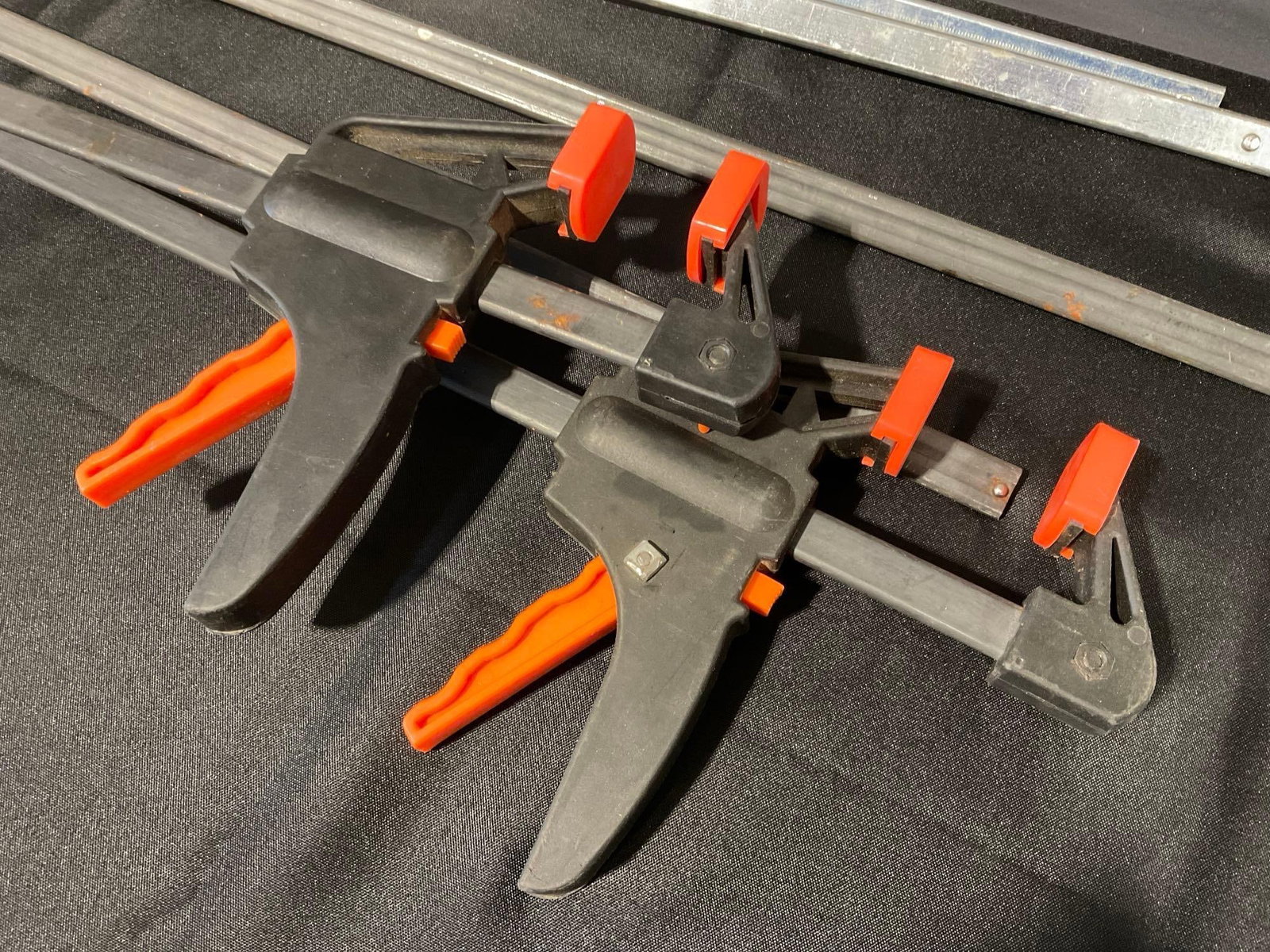 Set of 6 Large Clamps, 2 Jorgenson, 2 other cast iron clamps, & 2 Central Force Ratchet Bar Clamp - 2