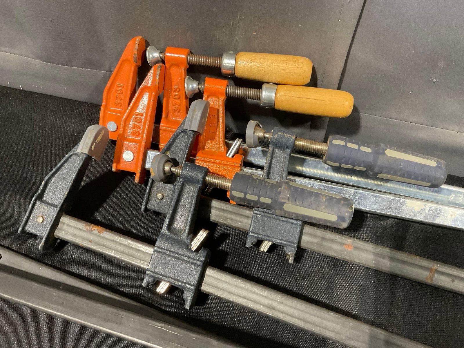 Set of 6 Large Clamps, 2 Jorgenson, 2 other cast iron clamps, & 2 Central Force Ratchet Bar Clamp - 3