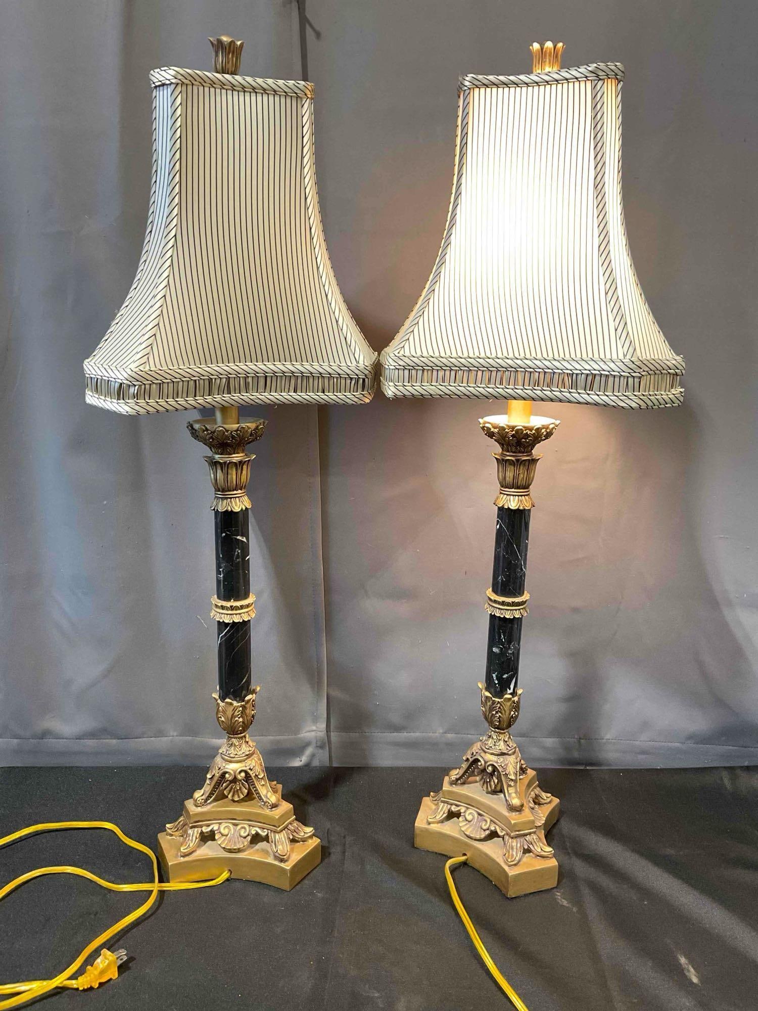 Pair of Hollywood Recency Style Faux Black Marble & Composite Table Lamps. Tested, Work. (1 of 7)