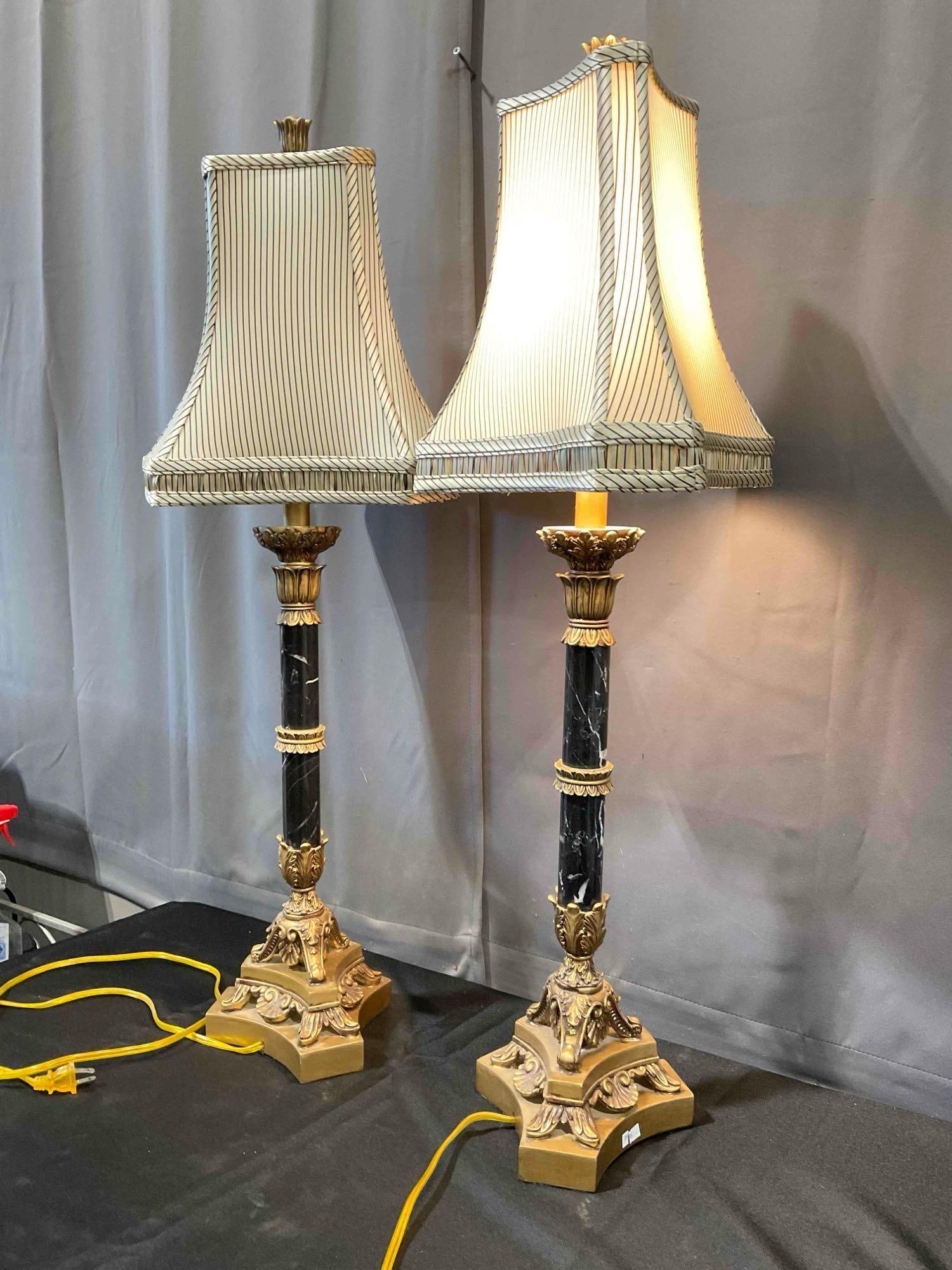 Pair of Hollywood Recency Style Faux Black Marble & Composite Table Lamps. Tested, Work. - 2