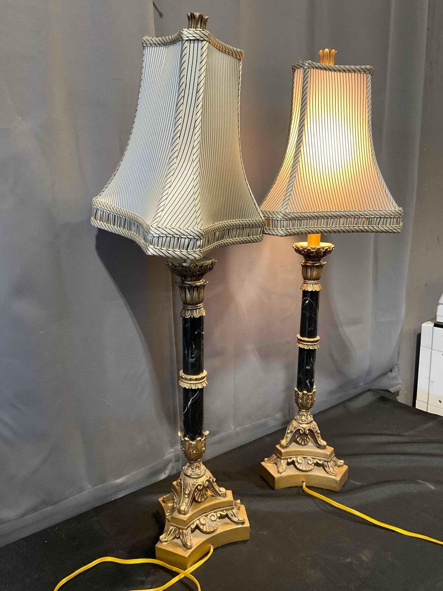 Pair of Hollywood Recency Style Faux Black Marble & Composite Table Lamps. Tested, Work. - 3