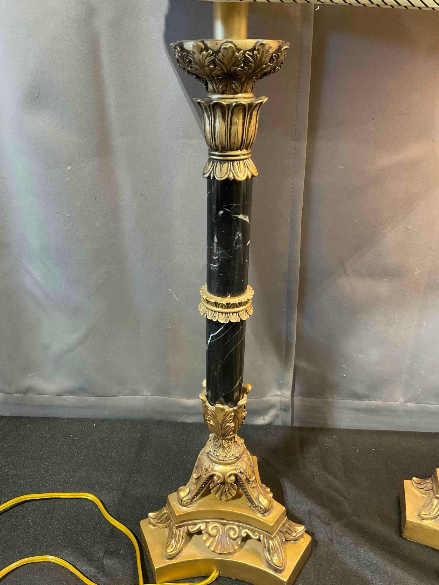 Pair of Hollywood Recency Style Faux Black Marble & Composite Table Lamps. Tested, Work. - 4