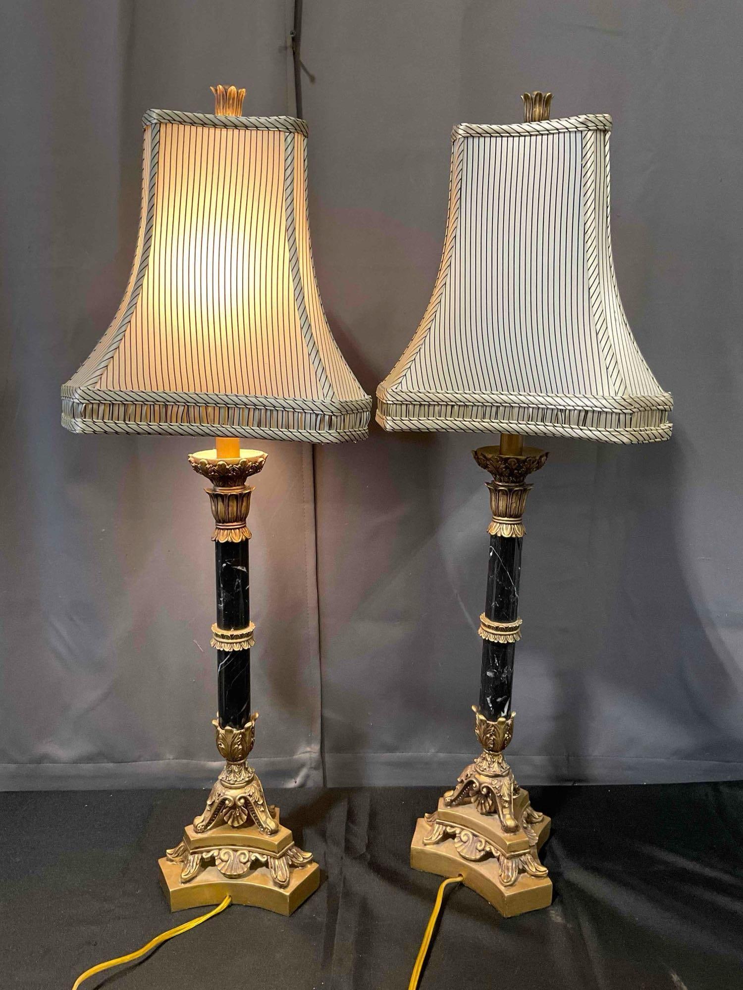 Pair of Hollywood Recency Style Faux Black Marble & Composite Table Lamps. Tested, Work. - 5