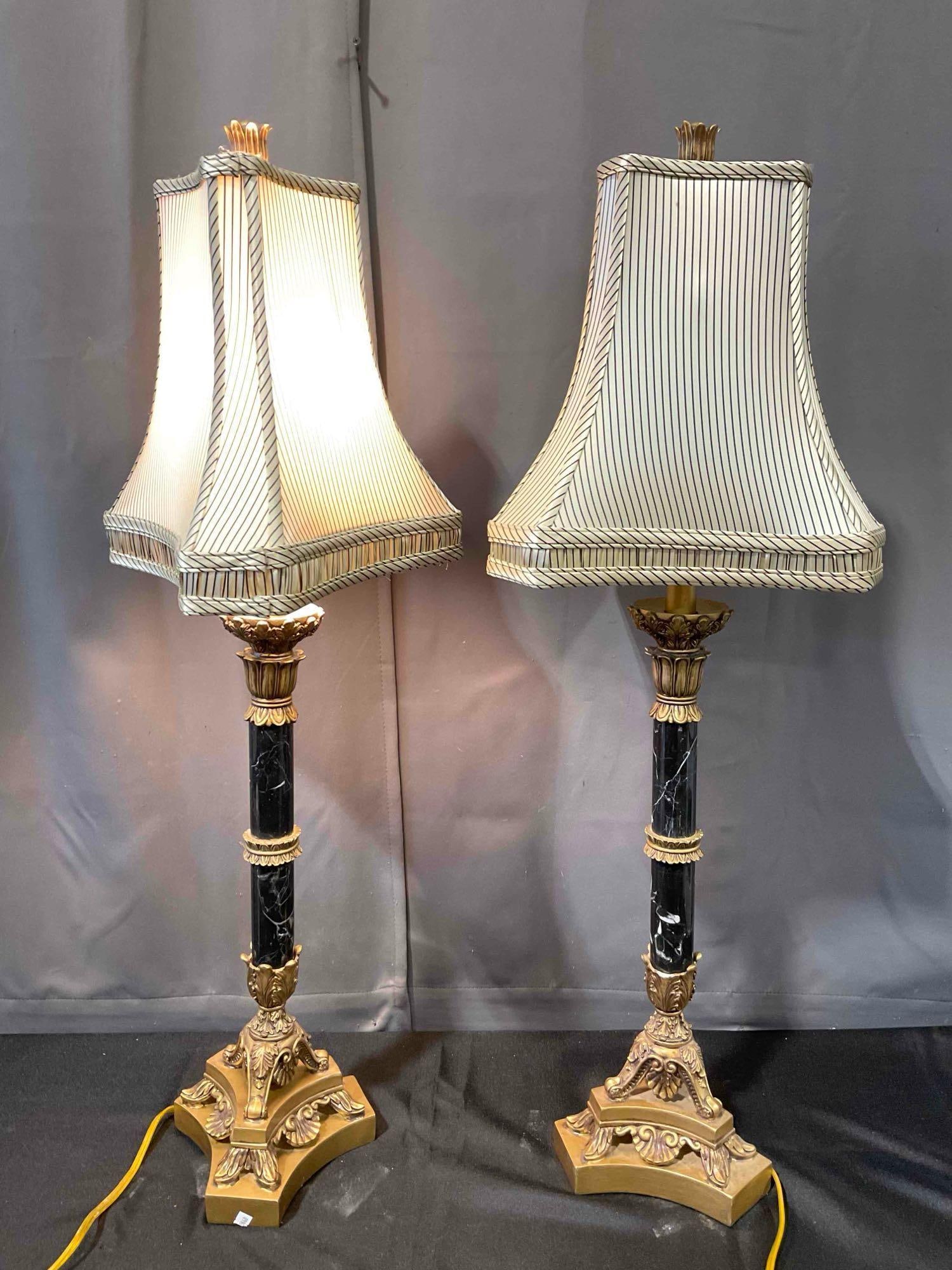 Pair of Hollywood Recency Style Faux Black Marble & Composite Table Lamps. Tested, Work. - 6
