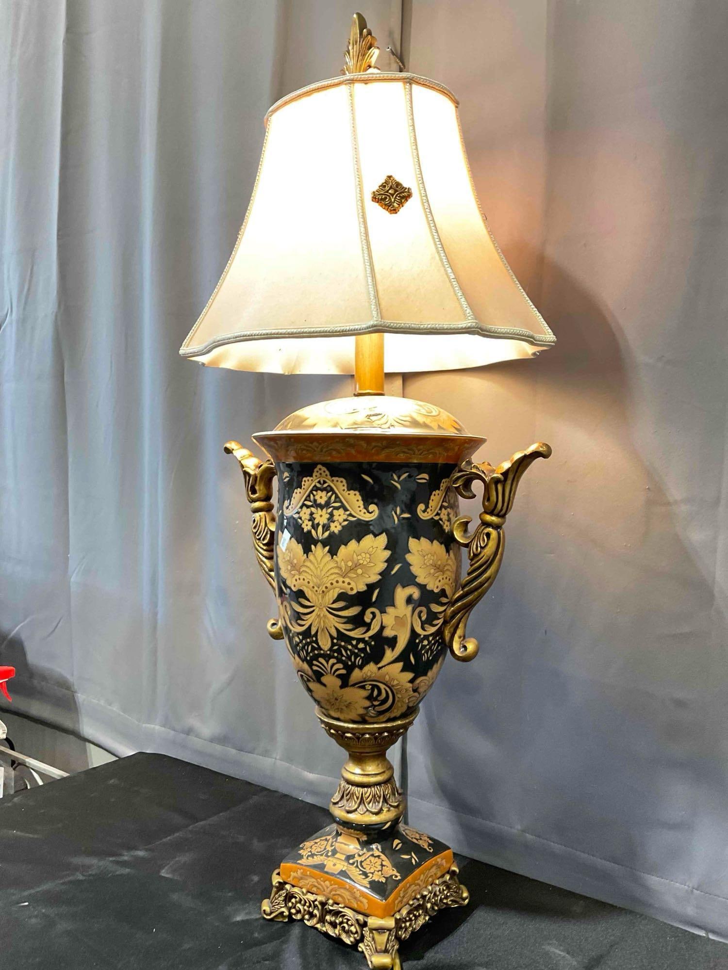Black & Gold Ceramic & Composite Urn Table Lamp w/ Pale Pink Fabric Shade. Tested, Works. - 2