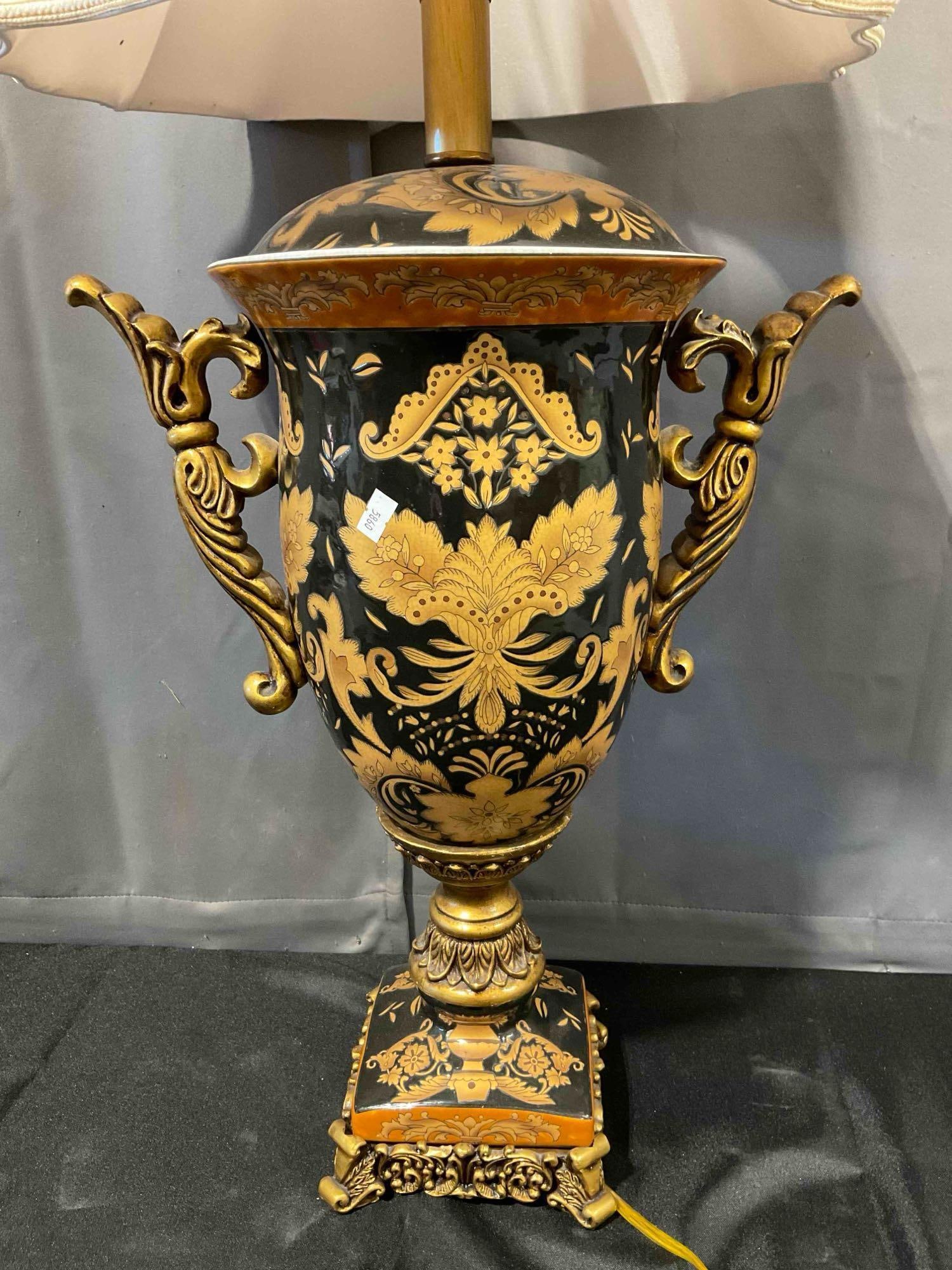 Black & Gold Ceramic & Composite Urn Table Lamp w/ Pale Pink Fabric Shade. Tested, Works. - 5
