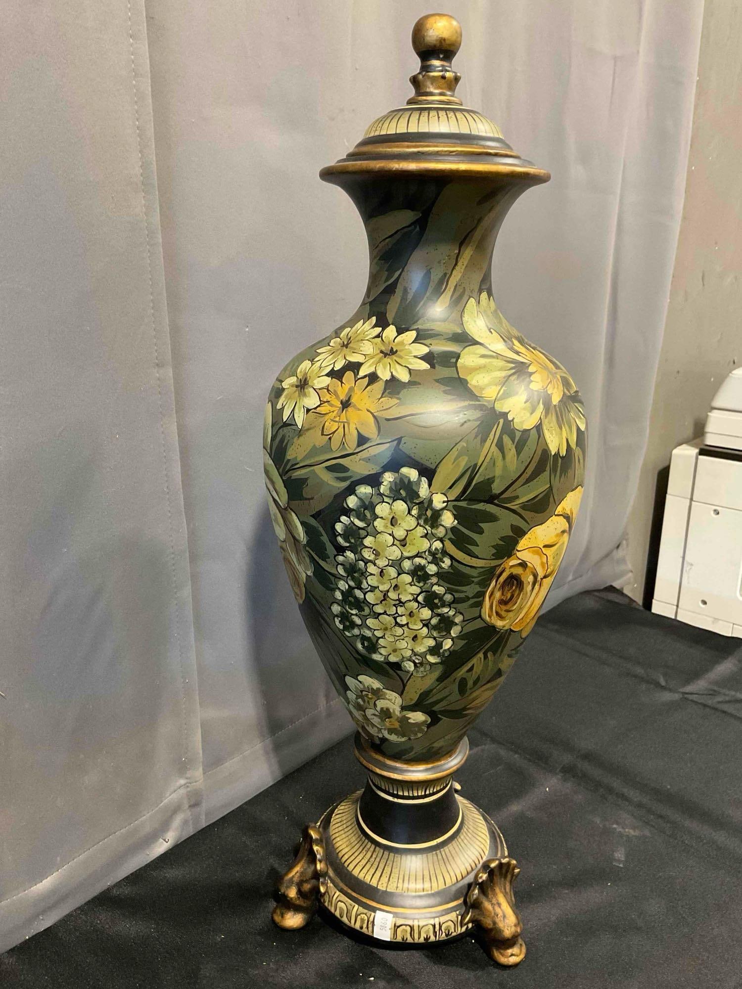 Vintage Raymond Waites Designed Painted Amphora Lidded Jar Urn w/ Yellow Flowers. See pics. - 2