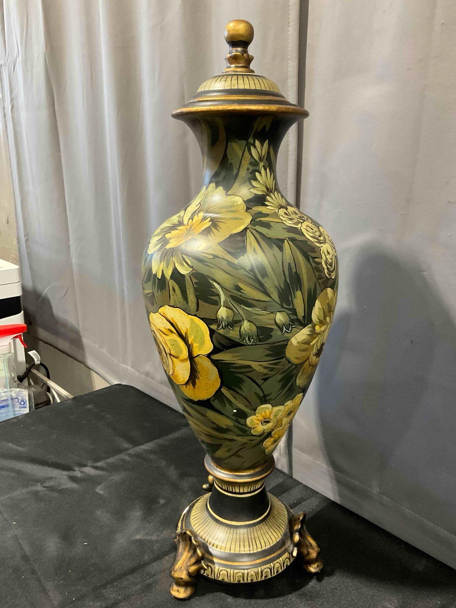 Vintage Raymond Waites Designed Painted Amphora Lidded Jar Urn w/ Yellow Flowers. See pics. - 3