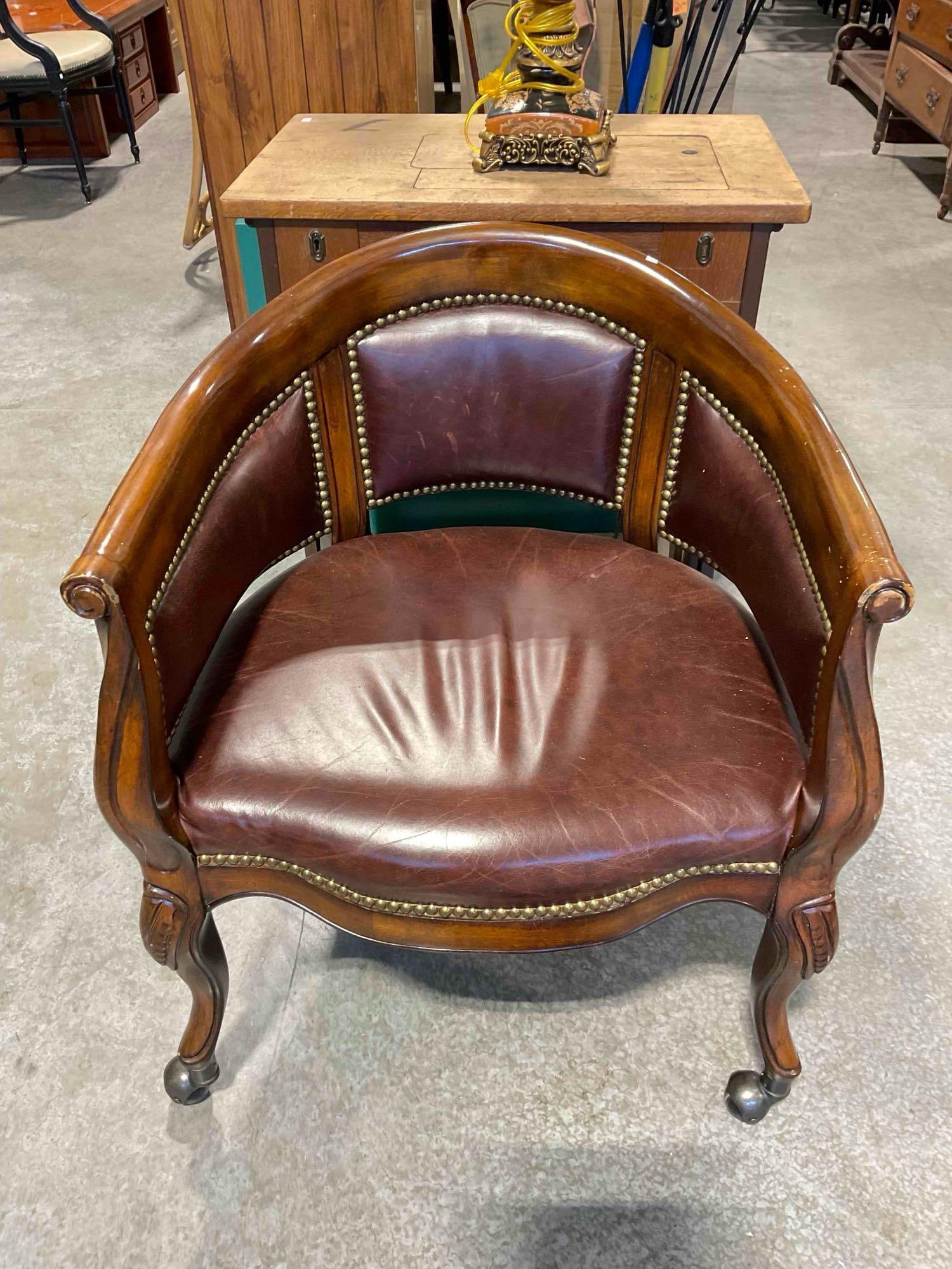 Frontgate Vintage Style Barrel Back Game Chair w/ Leather Upholstery & Castors. Fair Condition. (1 of 6)