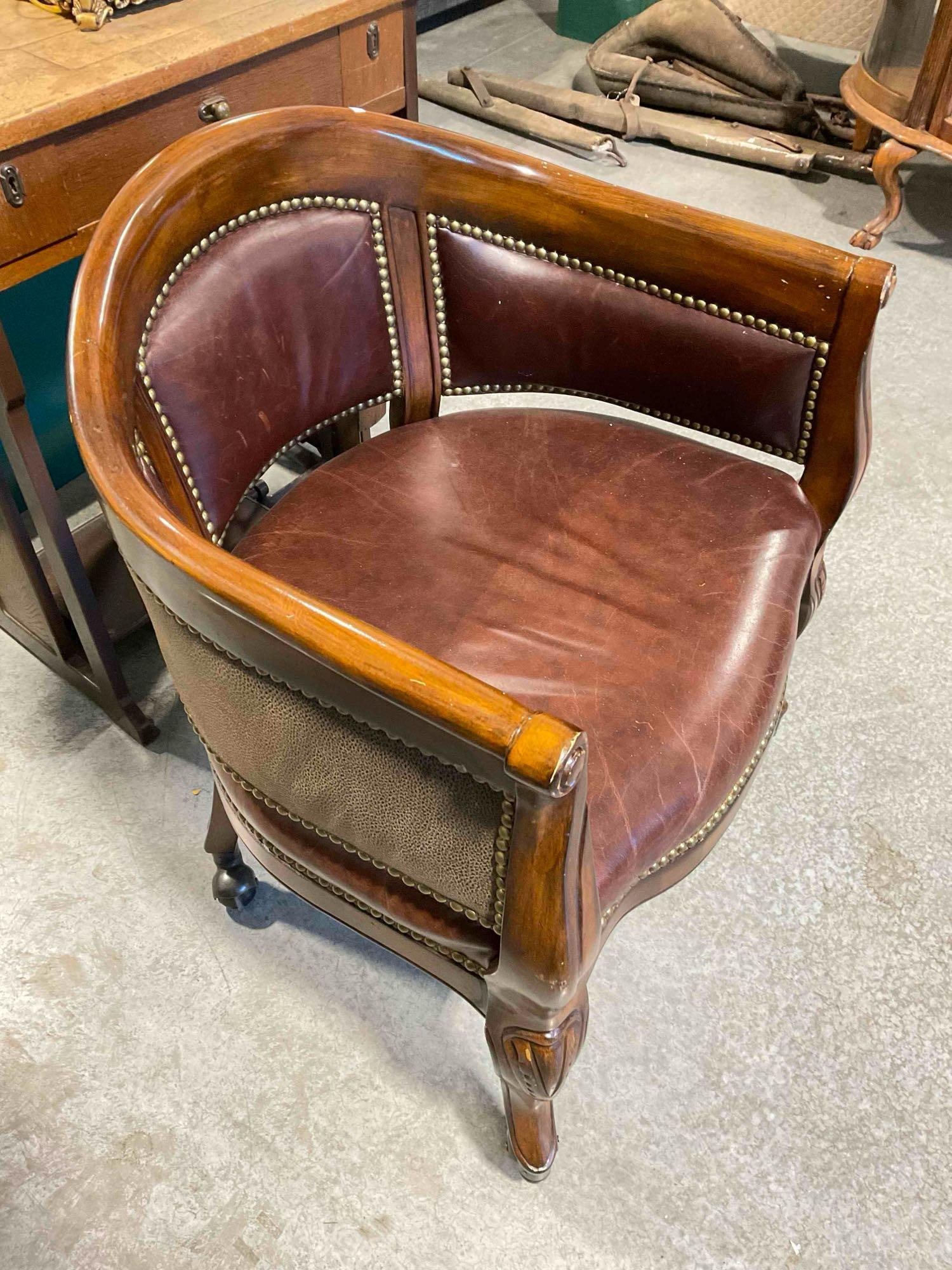 Frontgate Vintage Style Barrel Back Game Chair w/ Leather Upholstery & Castors. Fair Condition. - 2