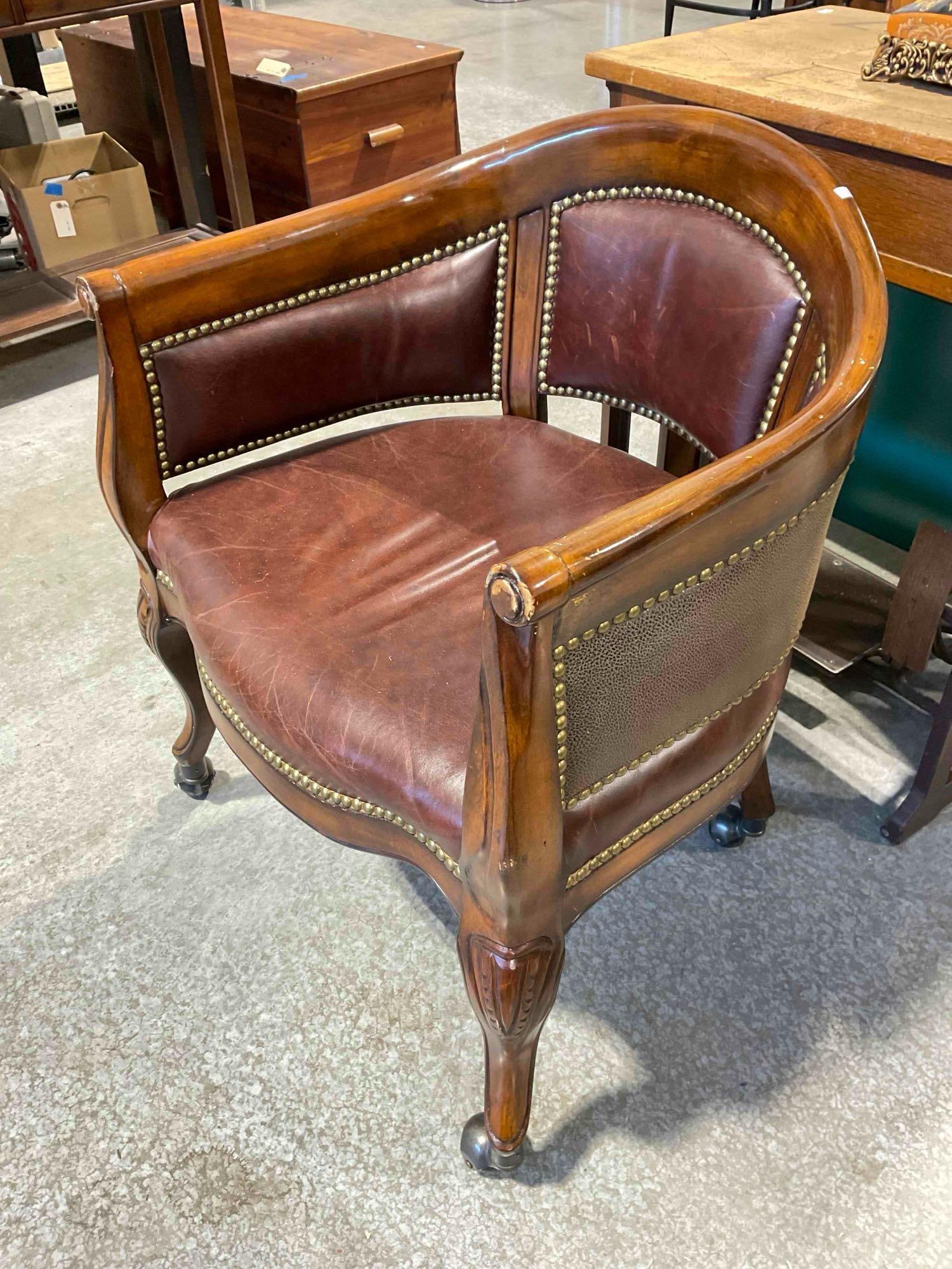 Frontgate Vintage Style Barrel Back Game Chair w/ Leather Upholstery & Castors. Fair Condition. - 3