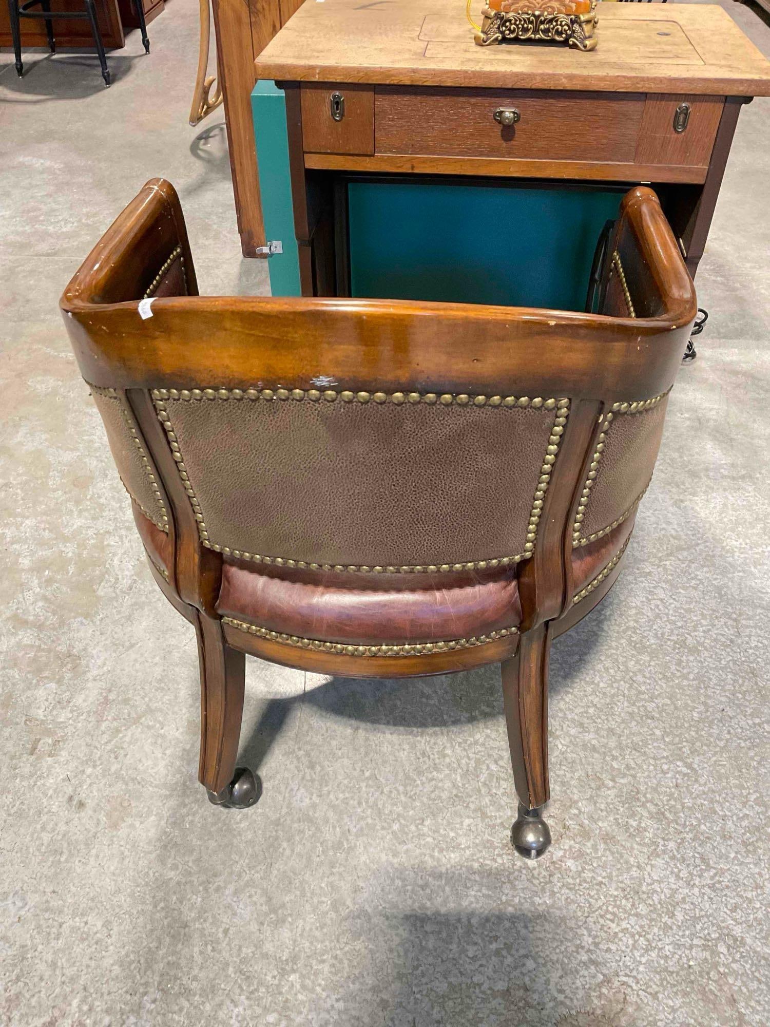 Frontgate Vintage Style Barrel Back Game Chair w/ Leather Upholstery & Castors. Fair Condition. - 4