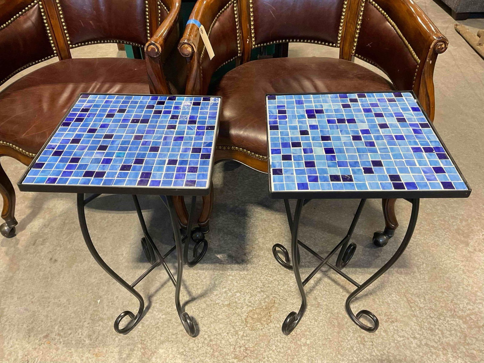 Pair of Modern Black Metal Planter Side Tables w/ Blue Glass Tile Tops. Good Condition. See pics. (1 of 3)