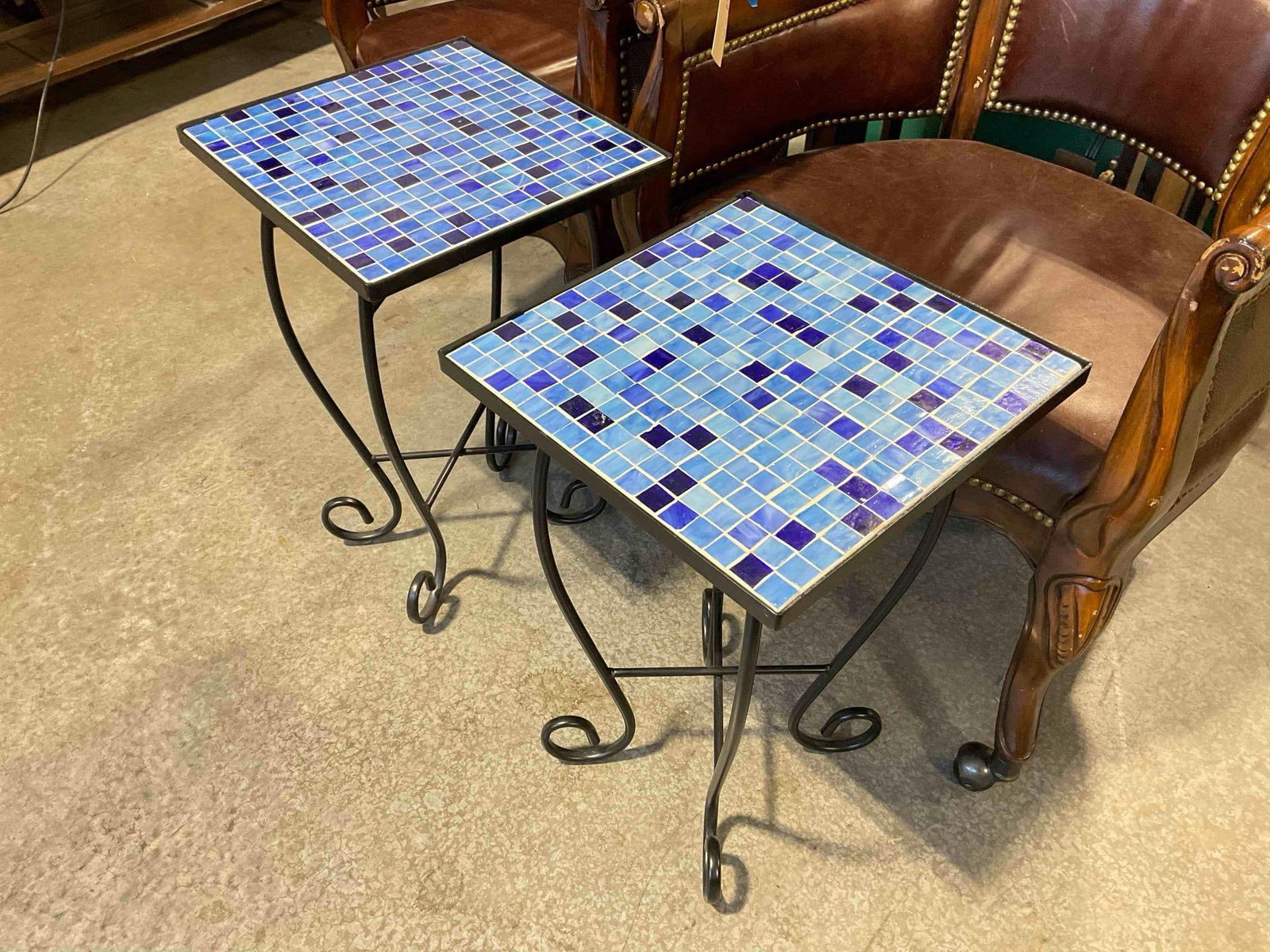 Pair of Modern Black Metal Planter Side Tables w/ Blue Glass Tile Tops. Good Condition. See pics. - 2