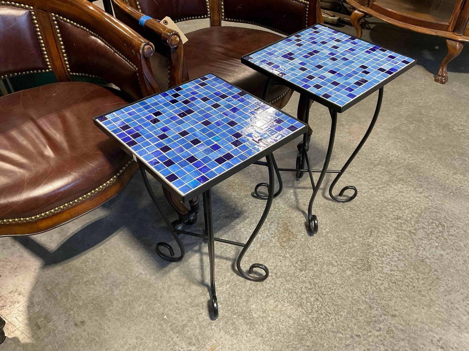 Pair of Modern Black Metal Planter Side Tables w/ Blue Glass Tile Tops. Good Condition. See pics. - 3