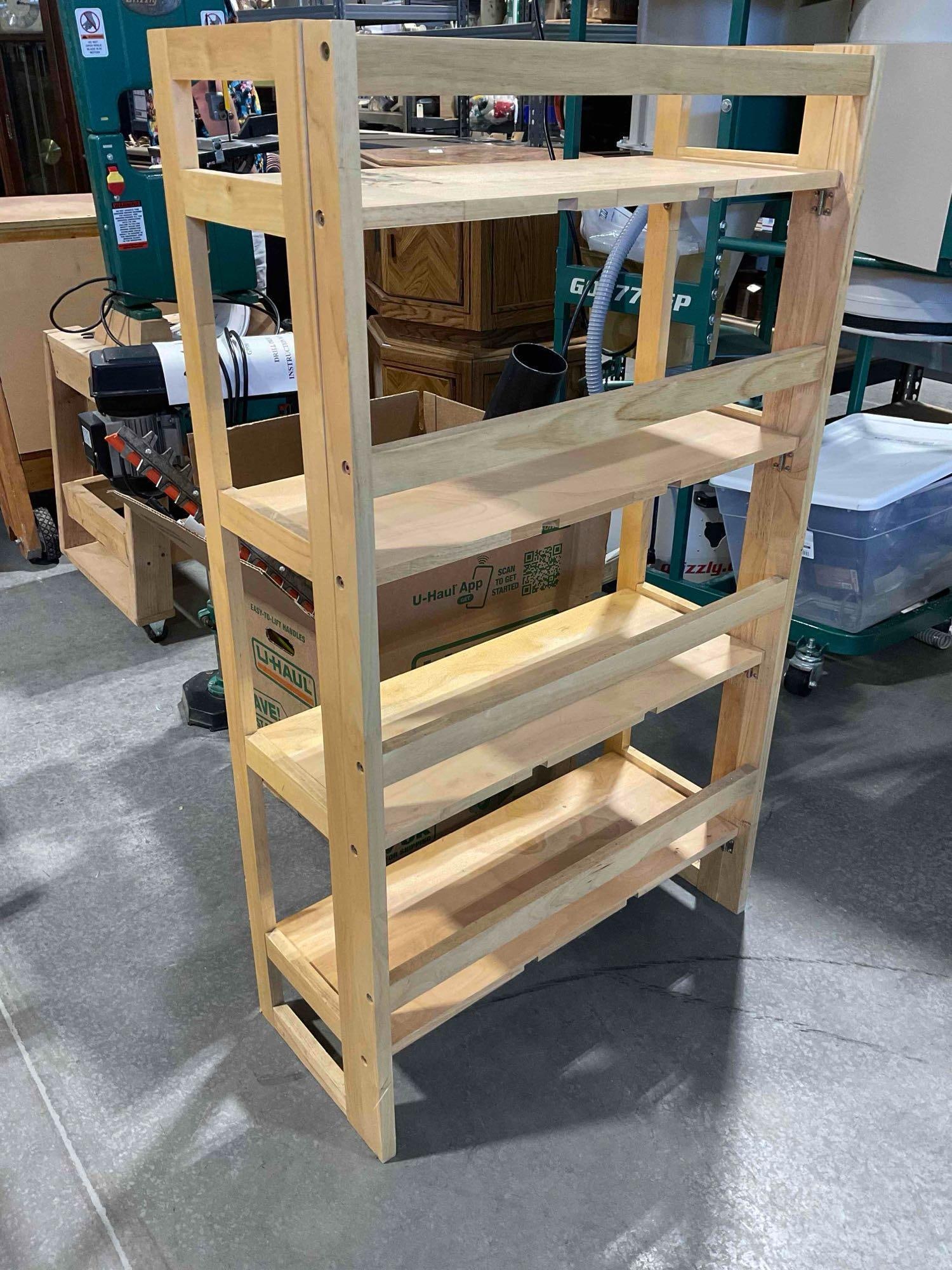 Modern 4-Tier Blonde Pine Wood Folding Bookcase. Fair Condition. Measures - 3