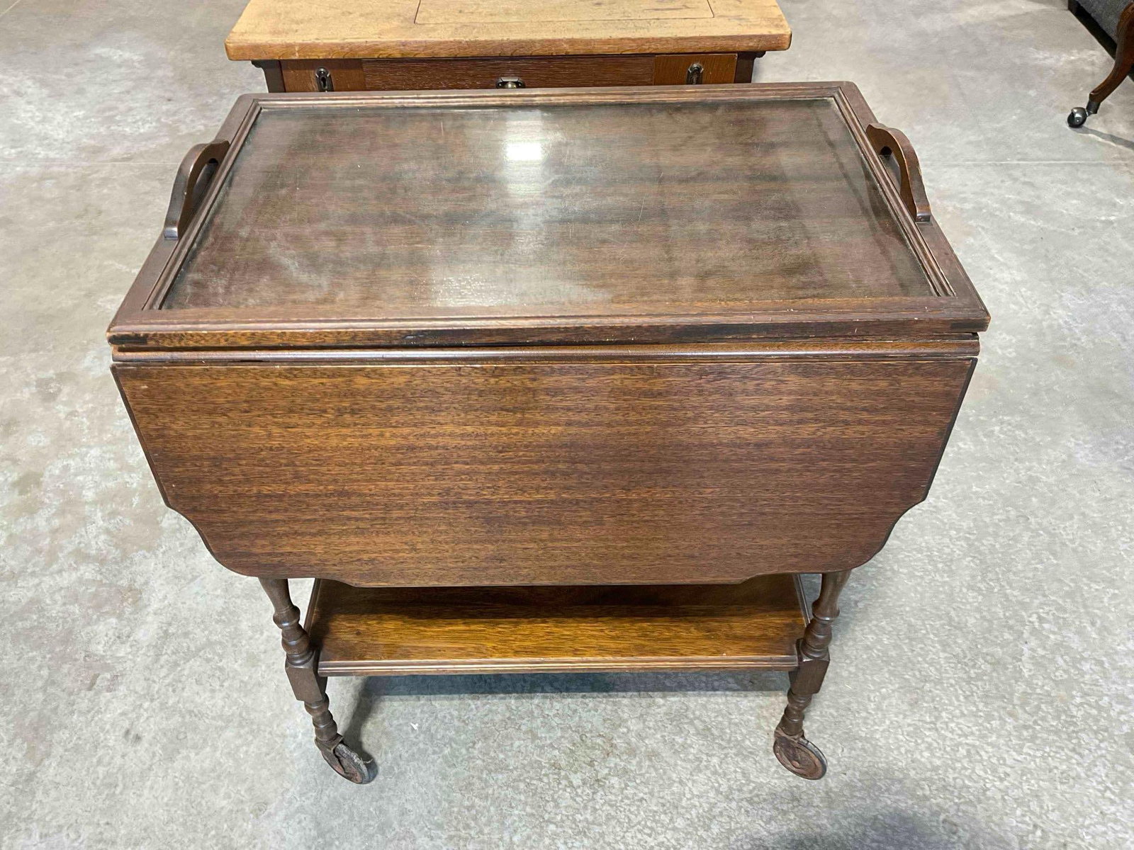 Handsome Vintage Walnut Wood Drop Leaf Tea Cart w/ Glass Tray Top. Fair Condition. See pics.