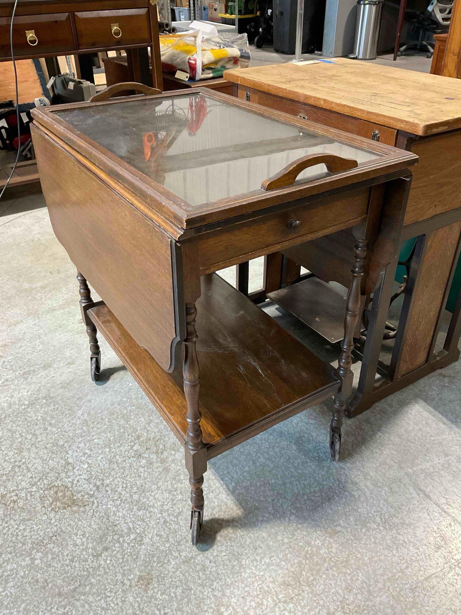 Handsome Vintage Walnut Wood Drop Leaf Tea Cart w/ Glass Tray Top. Fair Condition. See pics. - 2