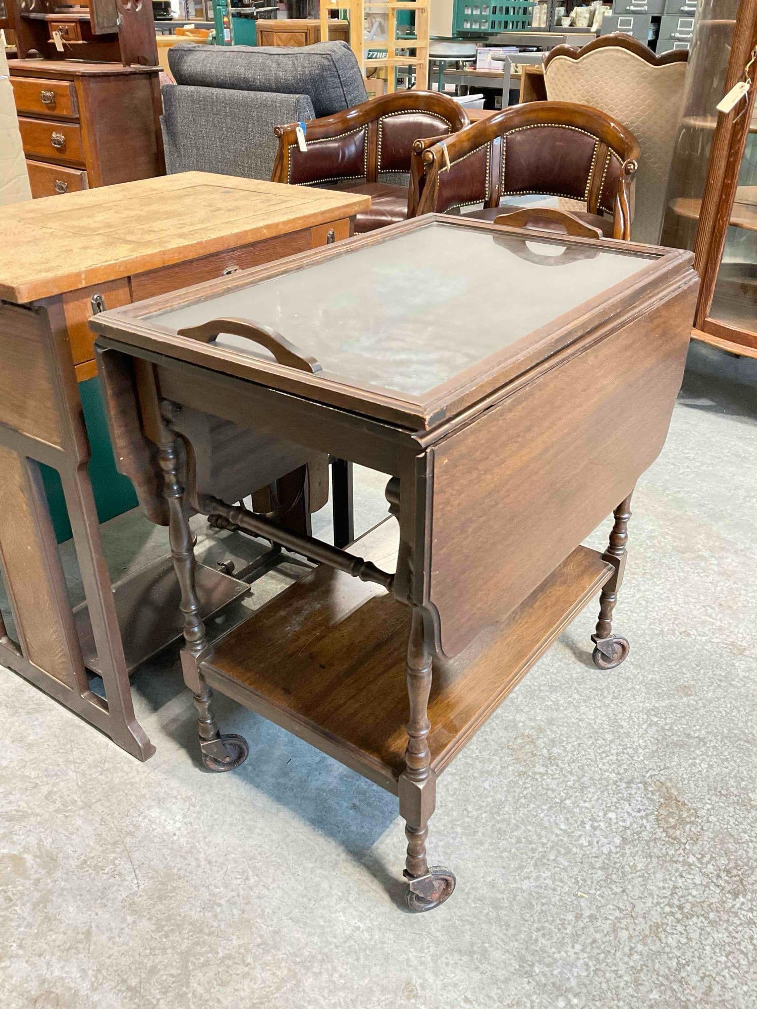 Handsome Vintage Walnut Wood Drop Leaf Tea Cart w/ Glass Tray Top. Fair Condition. See pics. - 3