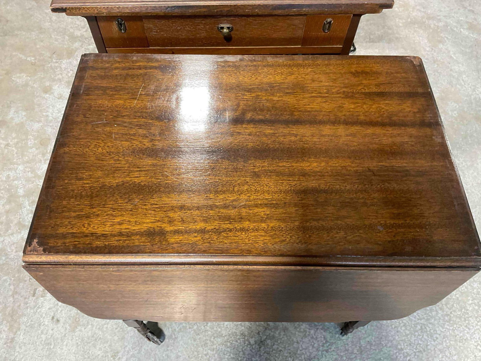 Handsome Vintage Walnut Wood Drop Leaf Tea Cart w/ Glass Tray Top. Fair Condition. See pics. - 4