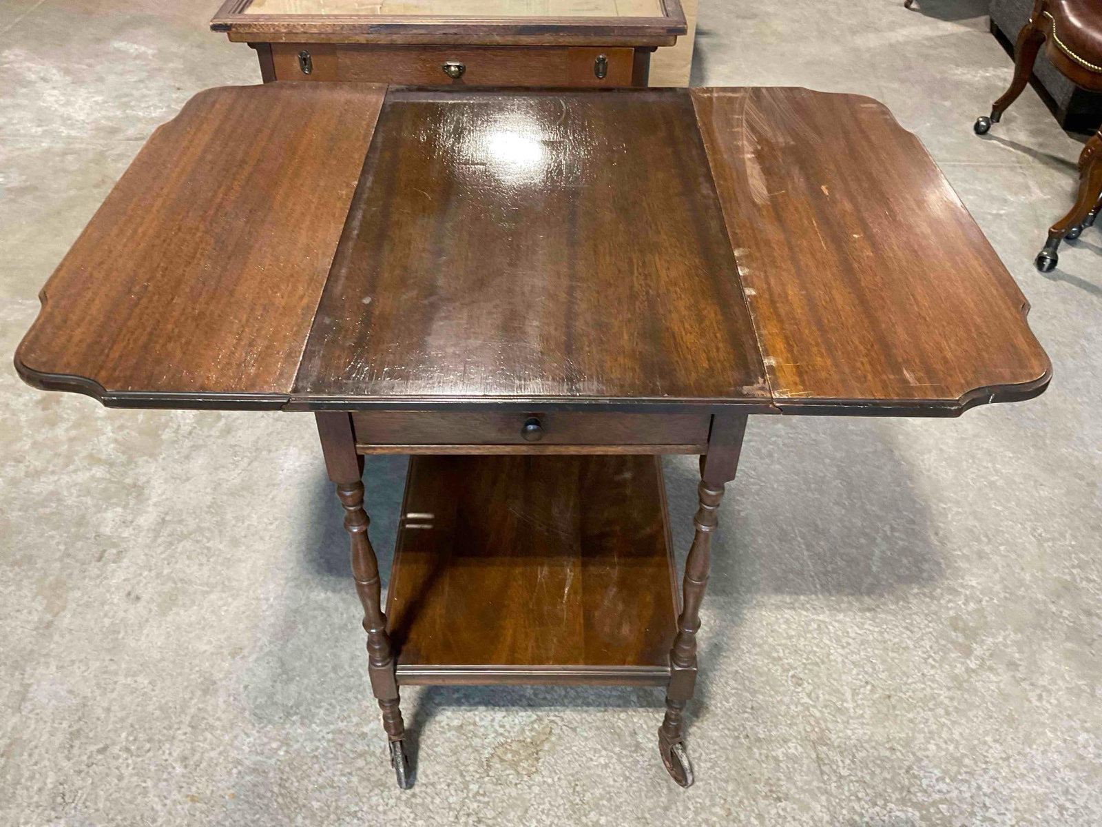 Handsome Vintage Walnut Wood Drop Leaf Tea Cart w/ Glass Tray Top. Fair Condition. See pics. - 5