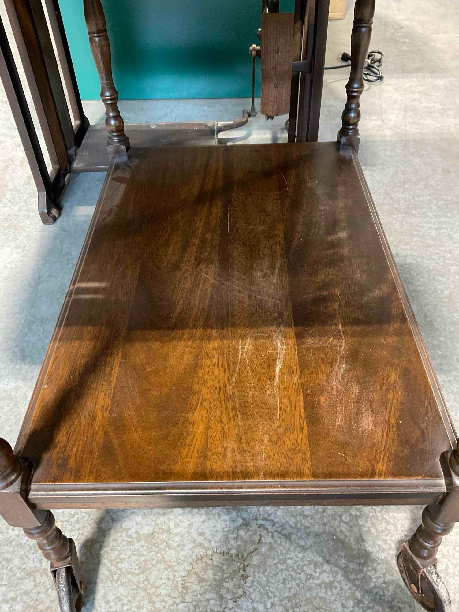Handsome Vintage Walnut Wood Drop Leaf Tea Cart w/ Glass Tray Top. Fair Condition. See pics. - 6