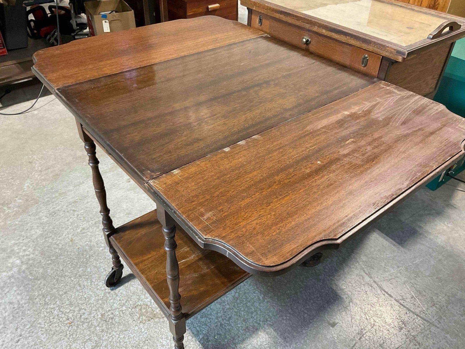 Handsome Vintage Walnut Wood Drop Leaf Tea Cart w/ Glass Tray Top. Fair Condition. See pics. - 7