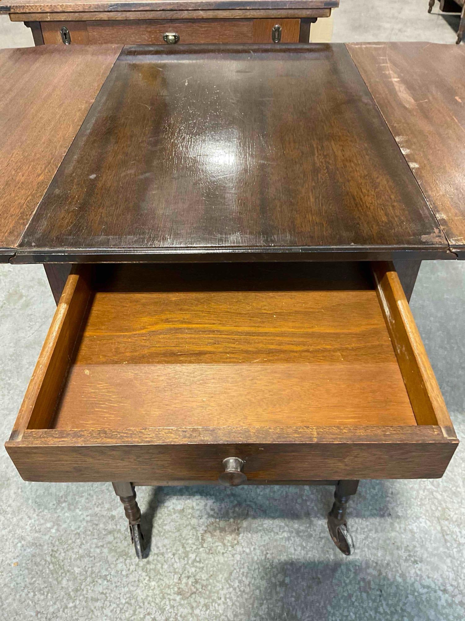 Handsome Vintage Walnut Wood Drop Leaf Tea Cart w/ Glass Tray Top. Fair Condition. See pics. - 8