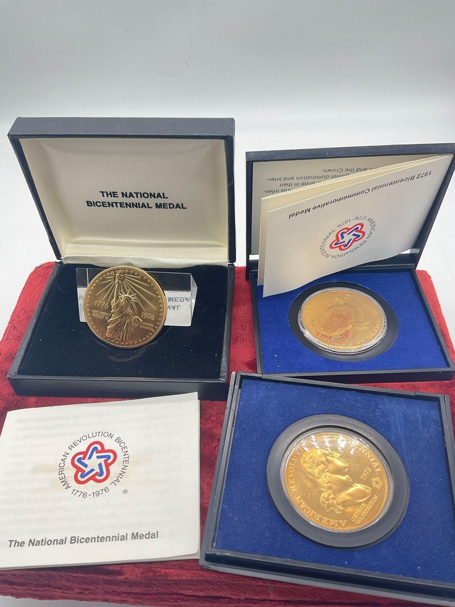 3x Vintage US mint Bicentennial Gold plated medals 2x 1972 & Gold Plated National 1976 Medal W/co... - 2