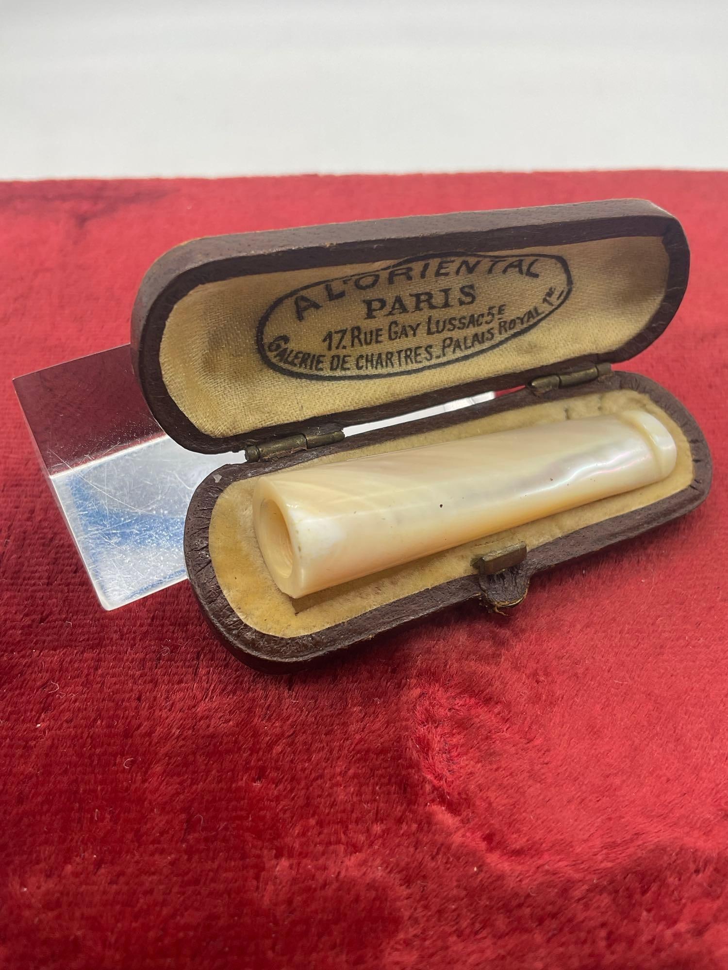 Rare Antique French Mother of pearl Cigarette Holder from paris Boutique in Original Case - 3