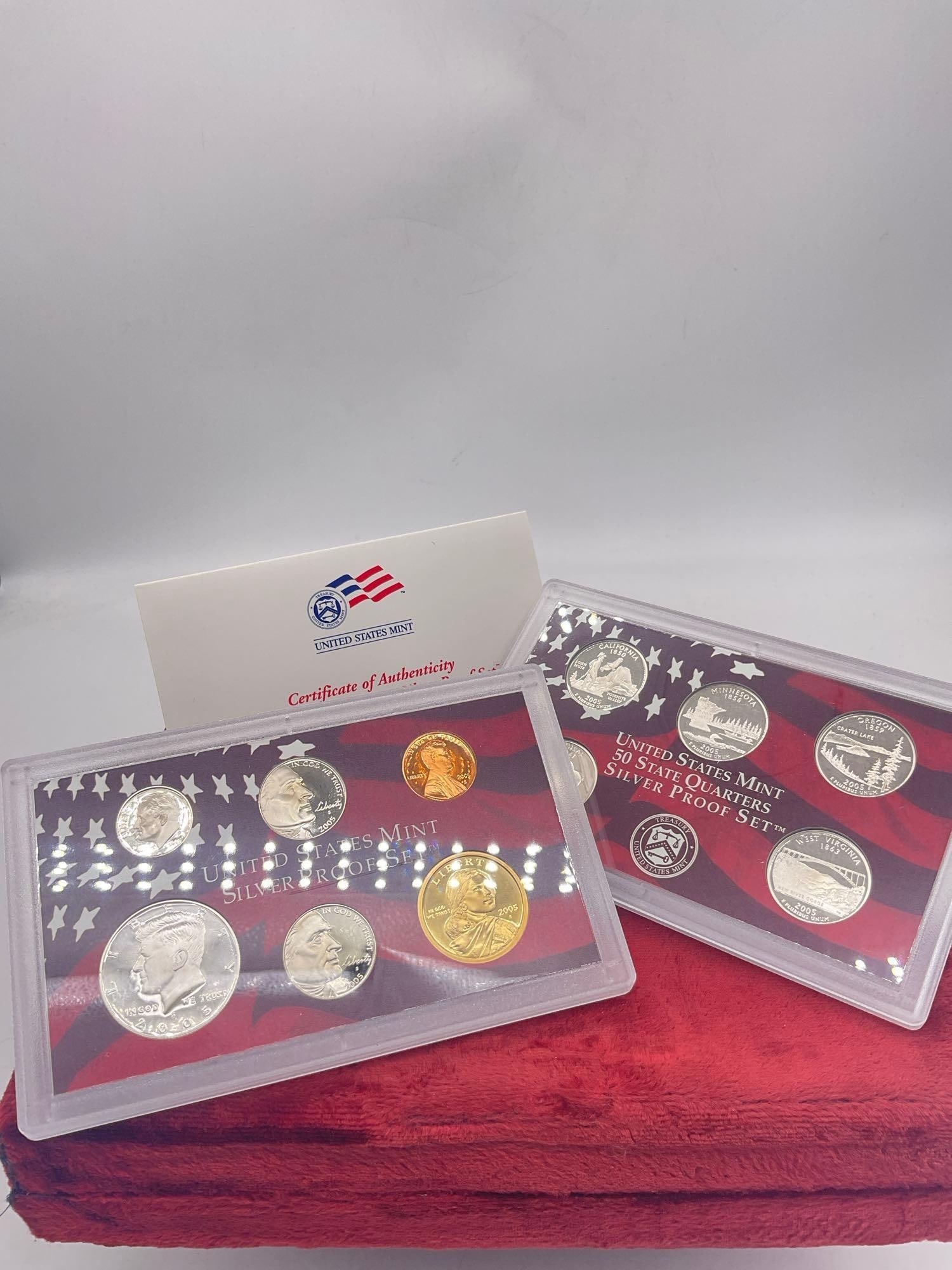 2005 10 coin Silver Proof set Includes 5 State quarters