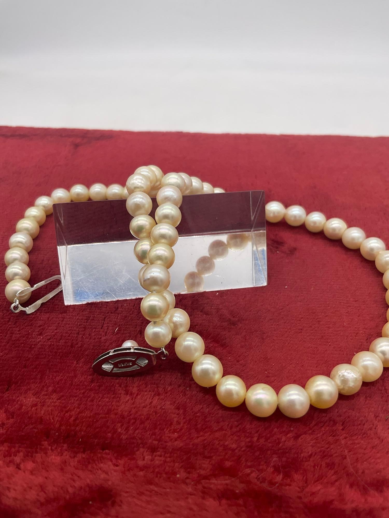Vintage 5-6 mm Round 14" Pearl necklace on a double knotted strand w/ Clasp that is marked silver - 4