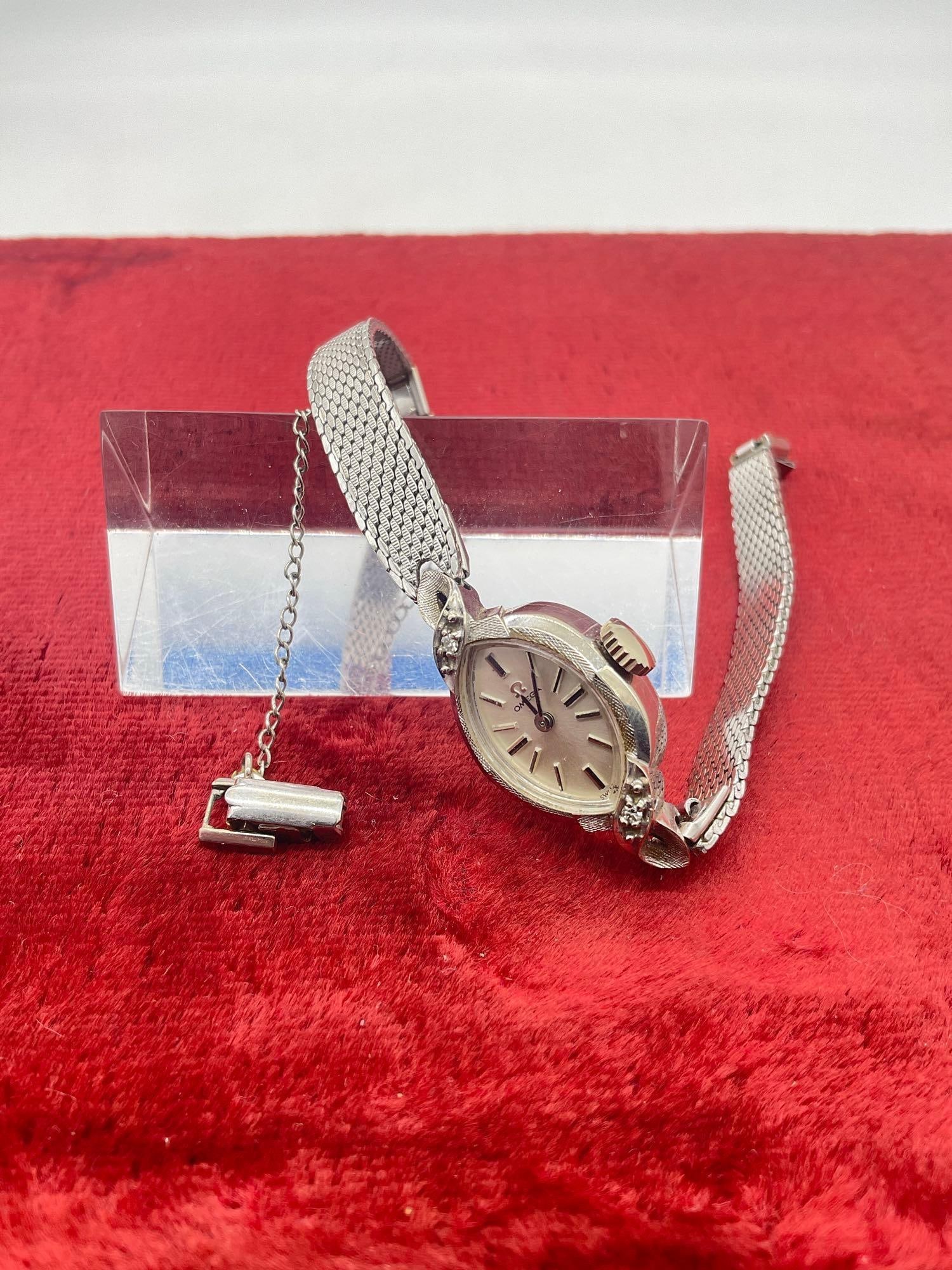 Vintage High End 14K white Gold Women's Swiss made Omega Watch w/ 1/20 -10k gold Keisler band