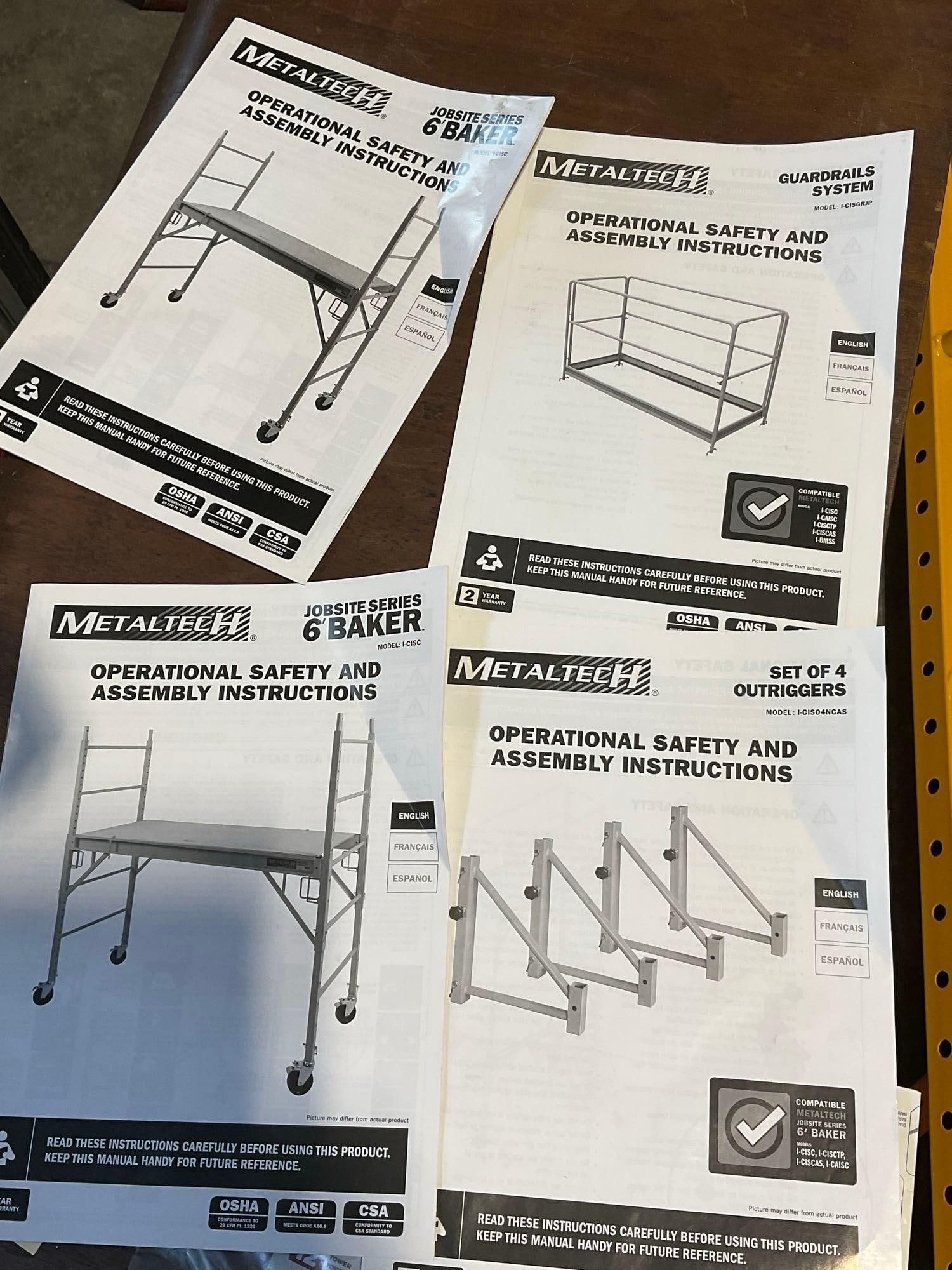 Metaltech Scaffolding, 2x 6 Foot Bakers, Guardrails System, w/Set of Outriggers, large caster whe... - 3