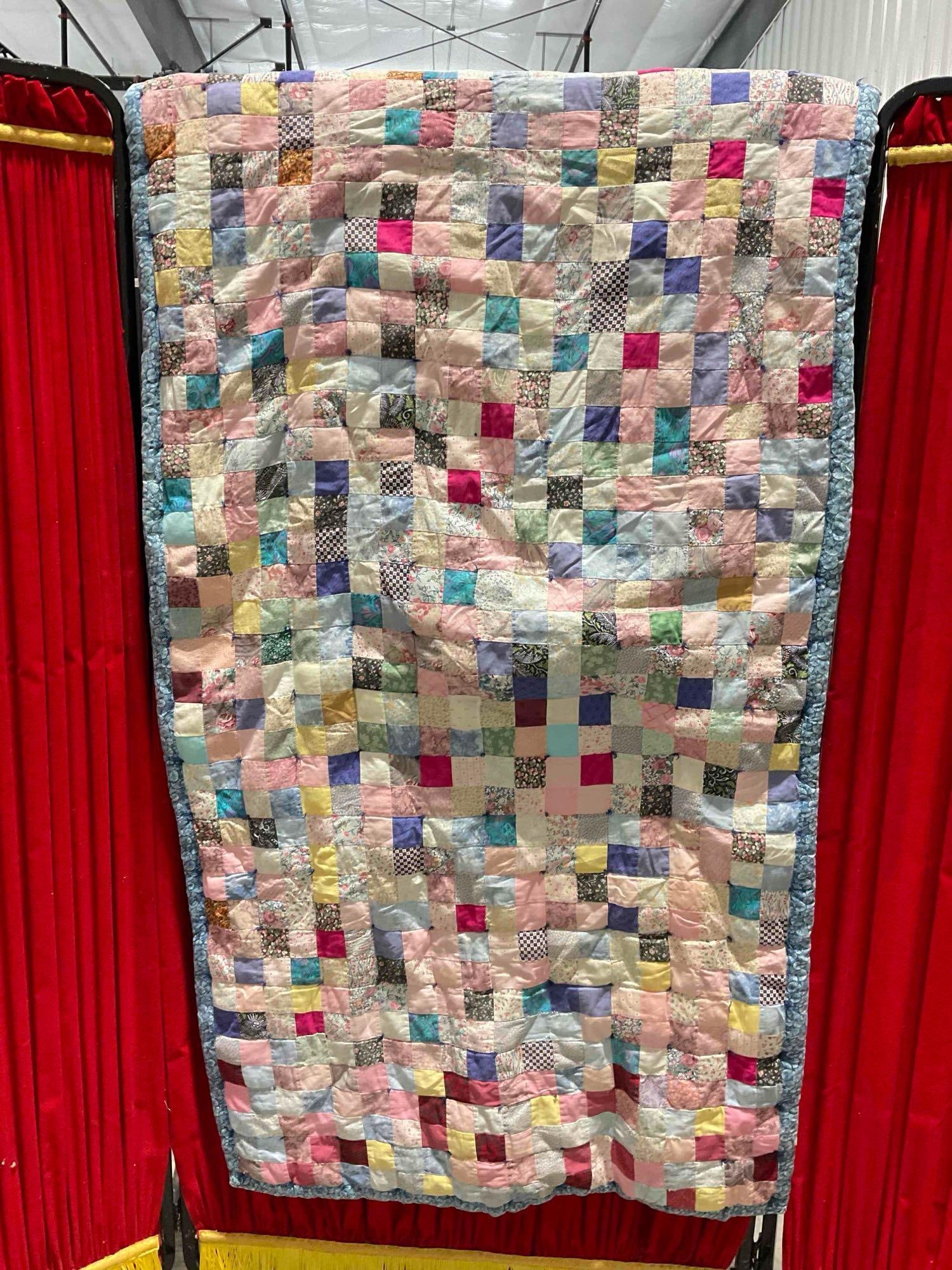 Vintage Multicolored Hand Quilted Patchwork Bedspread Blanket w/ Checkerboard Pattern. (1 of 4)