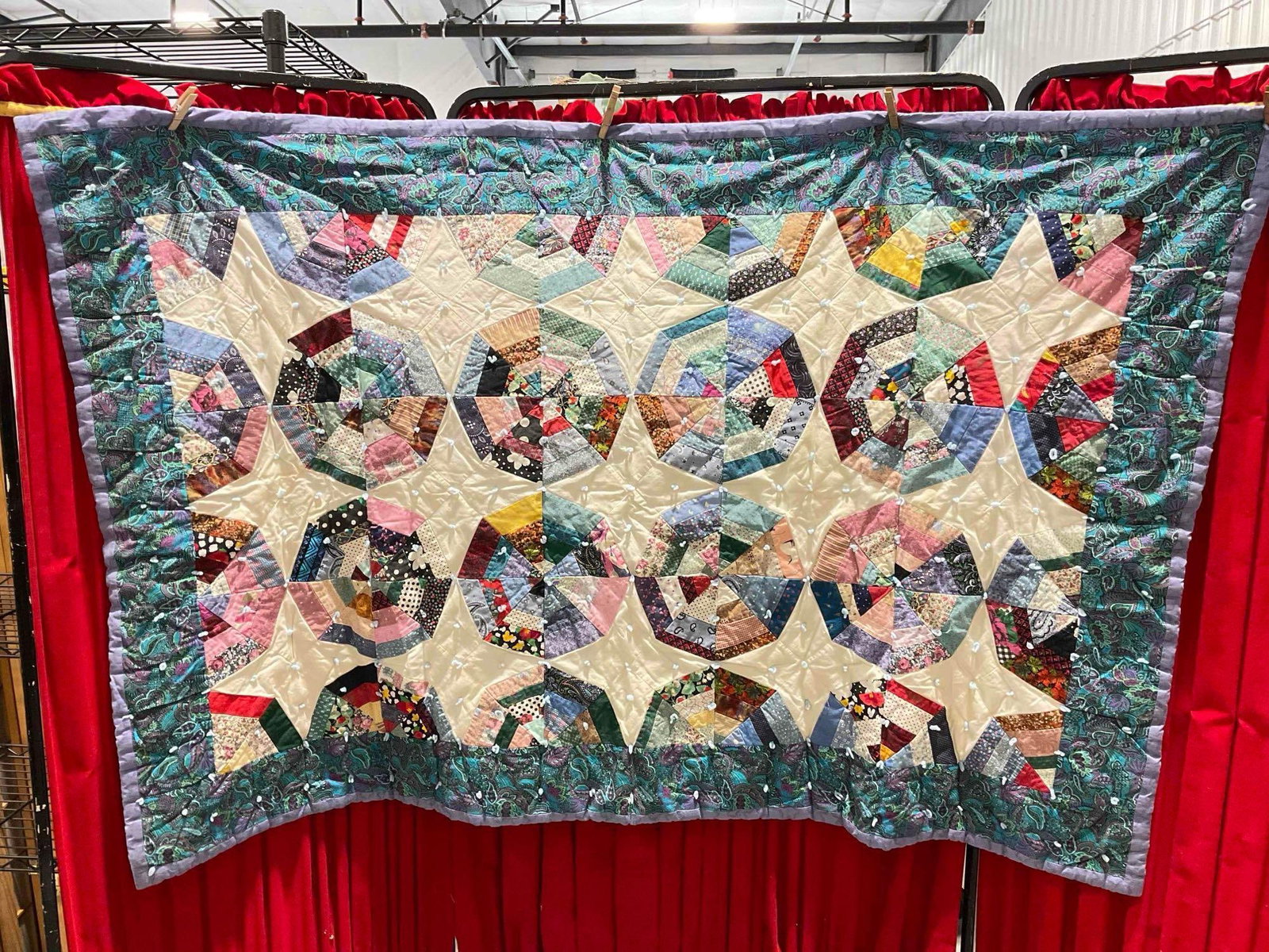 Fun Vintage Multicolor Patchwork Machine Quilted Bedspread Blanket w/ Spiderweb Pattern. (1 of 5)